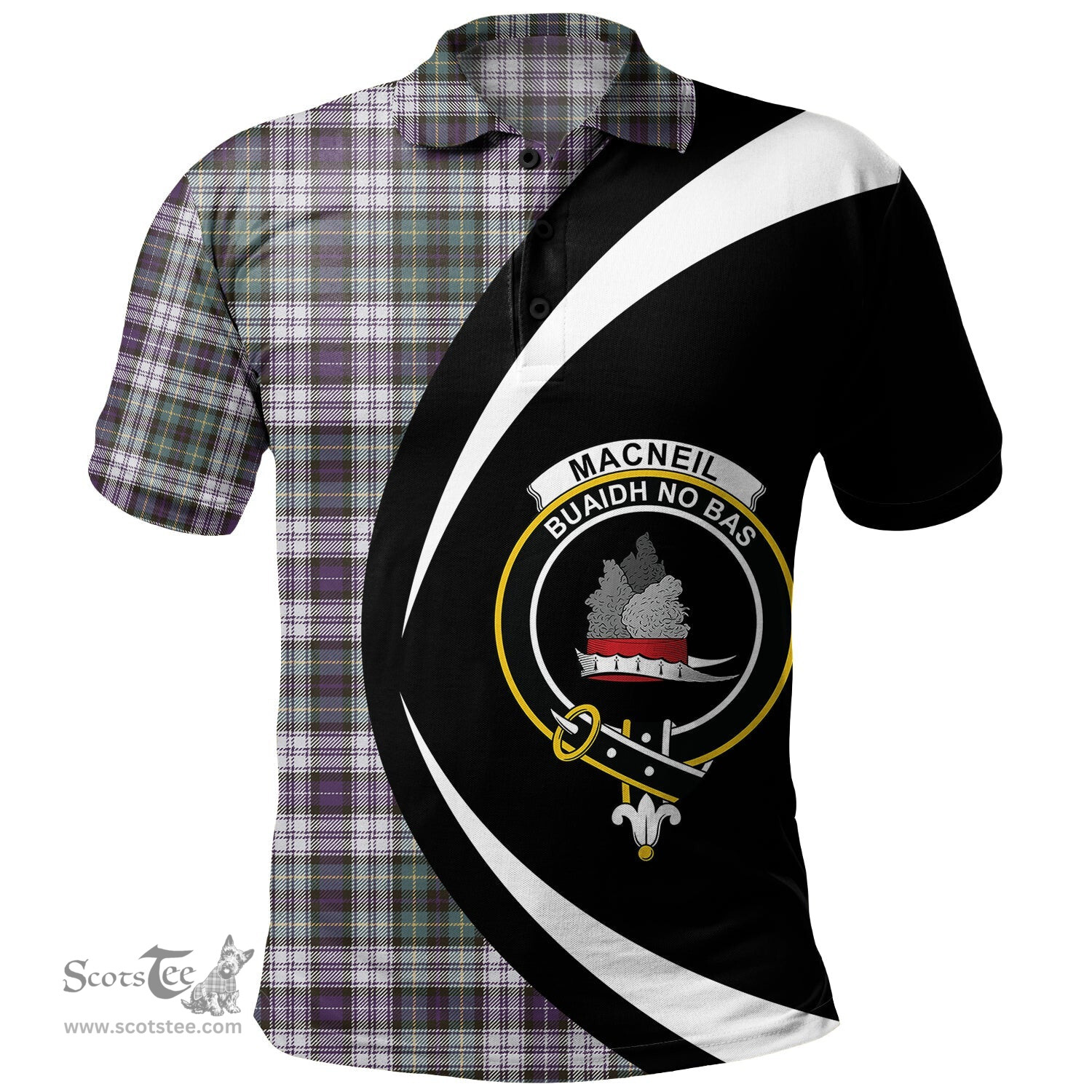 ScotsTee Shop Scottish MacNeil of Barra (MacNeil MacNeill) Paton Dress Weathered Clan Crest Personalized Tartan Polo Shirt Circle Style Back Shirt with Your Text