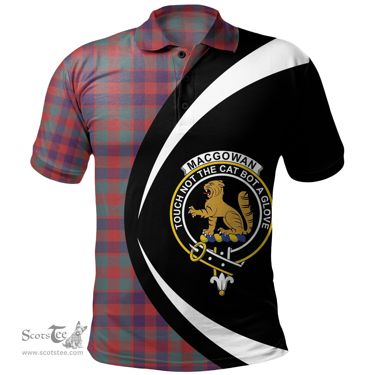 ScotsTee Shop Scottish MacGowan (Gow) Weathered Clan Crest Personalized Tartan Polo Shirt Circle Style Back Shirt with Your Text