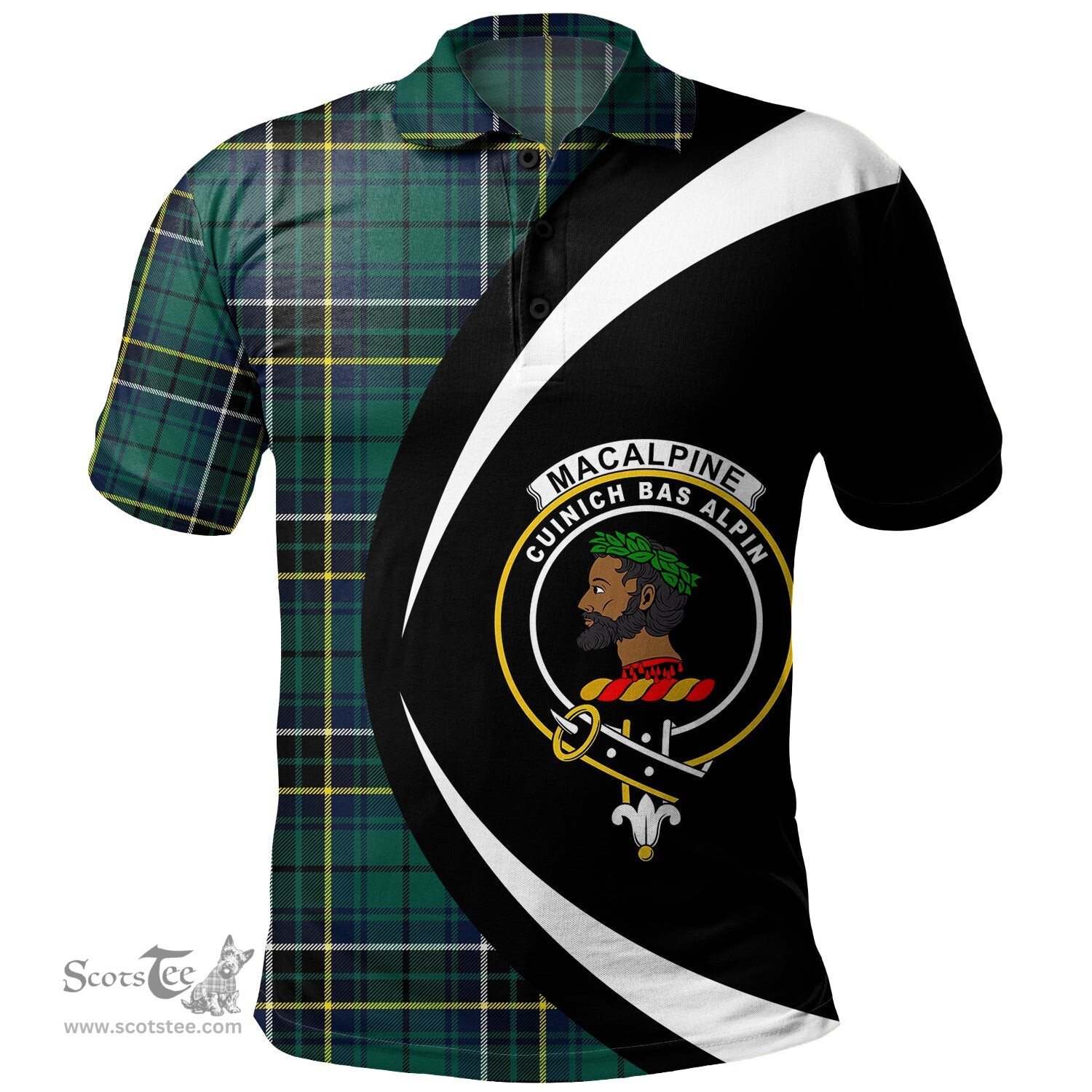 ScotsTee Shop Scottish MacAlpine Modern Clan Crest Personalized Tartan Polo Shirt Circle Style Back Shirt with Your Text