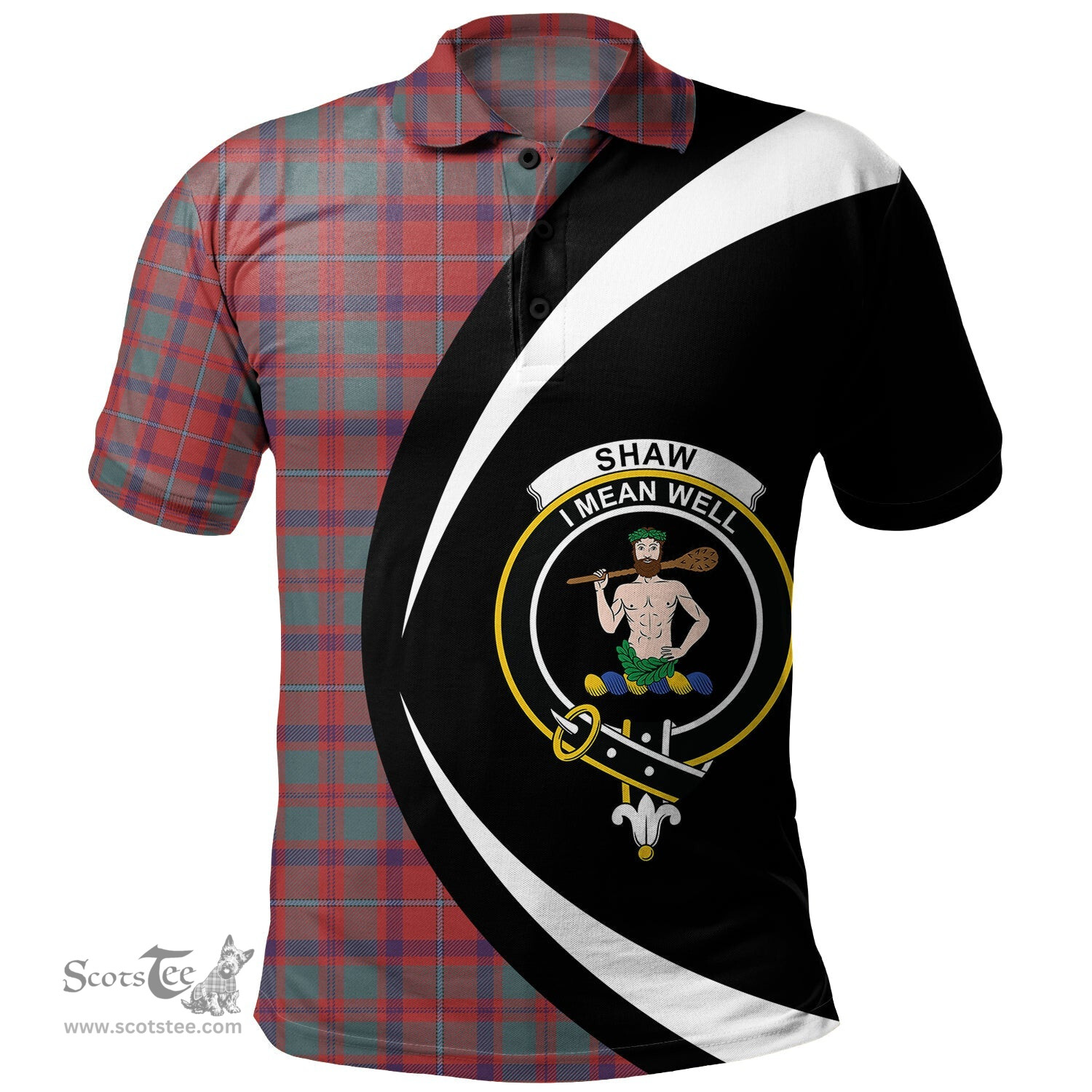 ScotsTee Shop Scottish Shaw of Tordarroch Weathered Clan Crest Personalized Tartan Polo Shirt Circle Style Back Shirt with Your Text