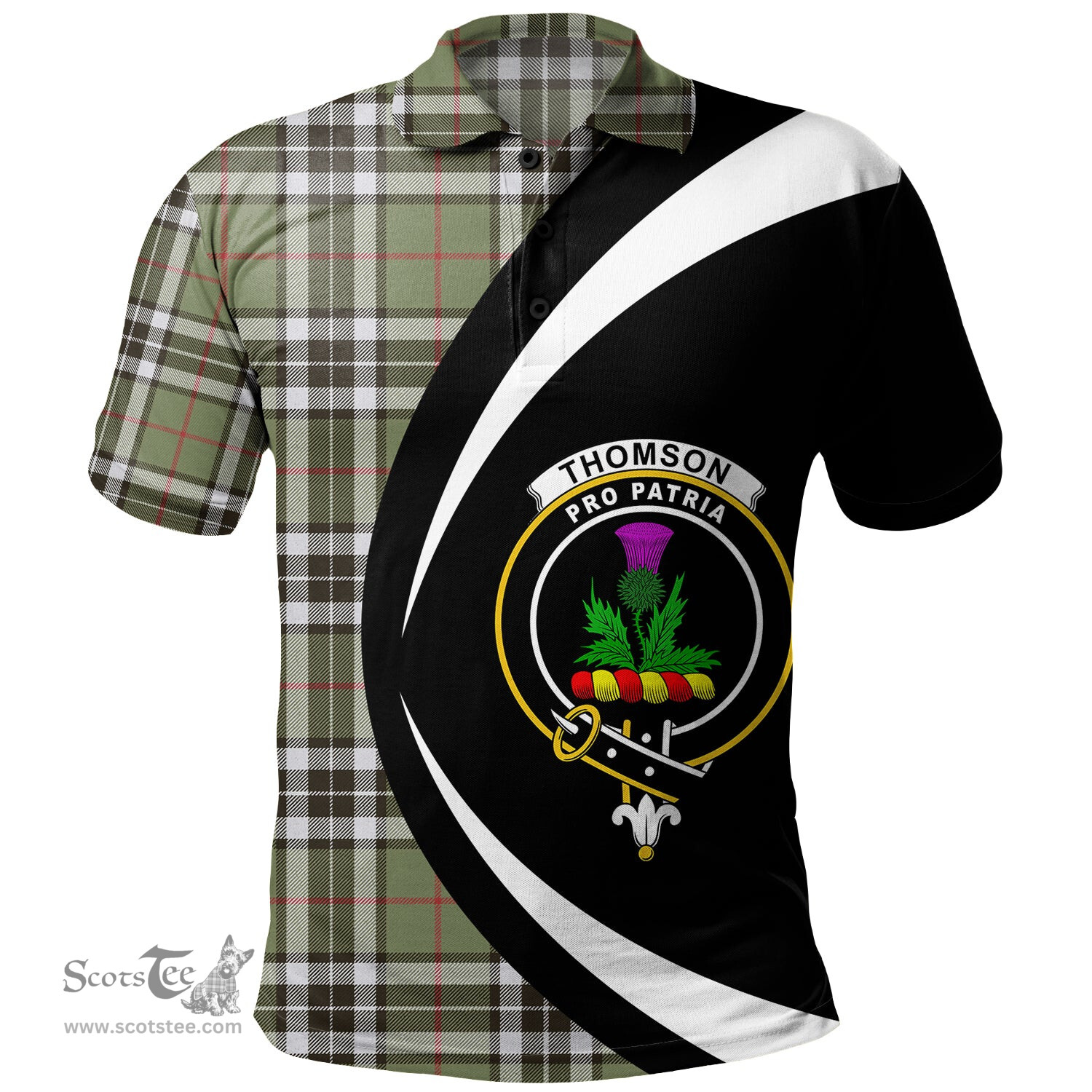 ScotsTee Shop Scottish Thomson Camel (MacThomas Thompson Camel) Weathered Clan Crest Personalized Tartan Polo Shirt Circle Style Back Shirt with Your Text