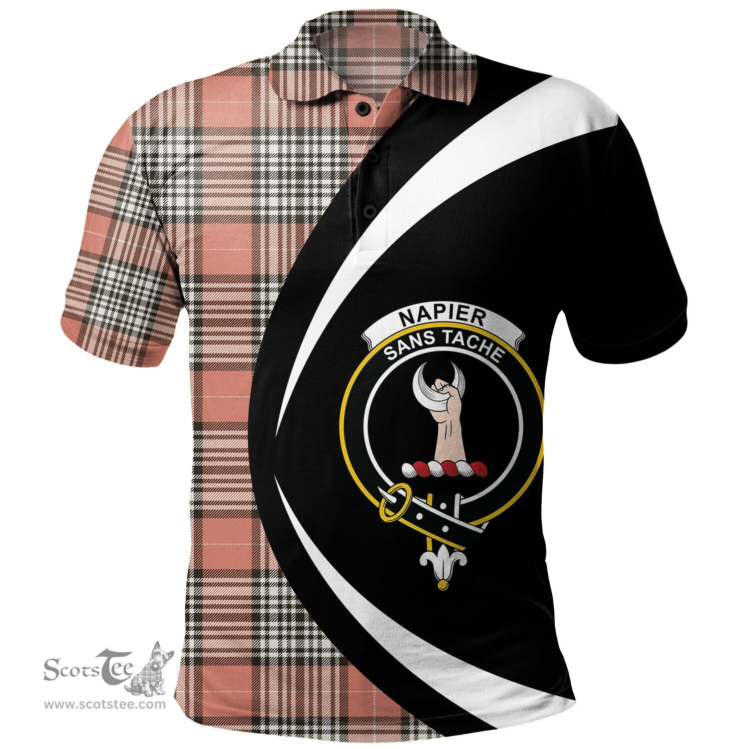 ScotsTee Shop Scottish Napier Rose Weathered Clan Crest Personalized Tartan Polo Shirt Circle Style Back Shirt with Your Text