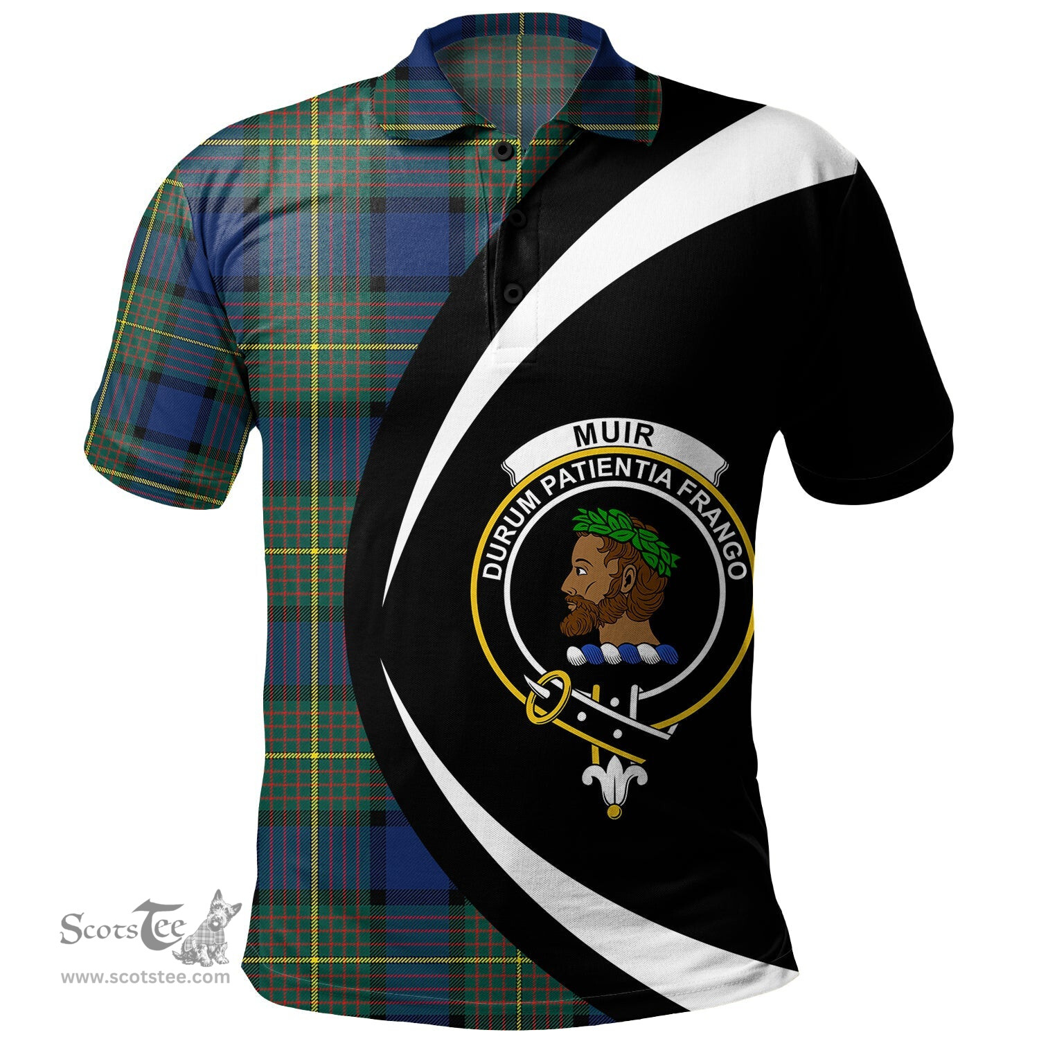 ScotsTee Shop Scottish Muir Modern Clan Crest Personalized Tartan Polo Shirt Circle Style Back Shirt with Your Text