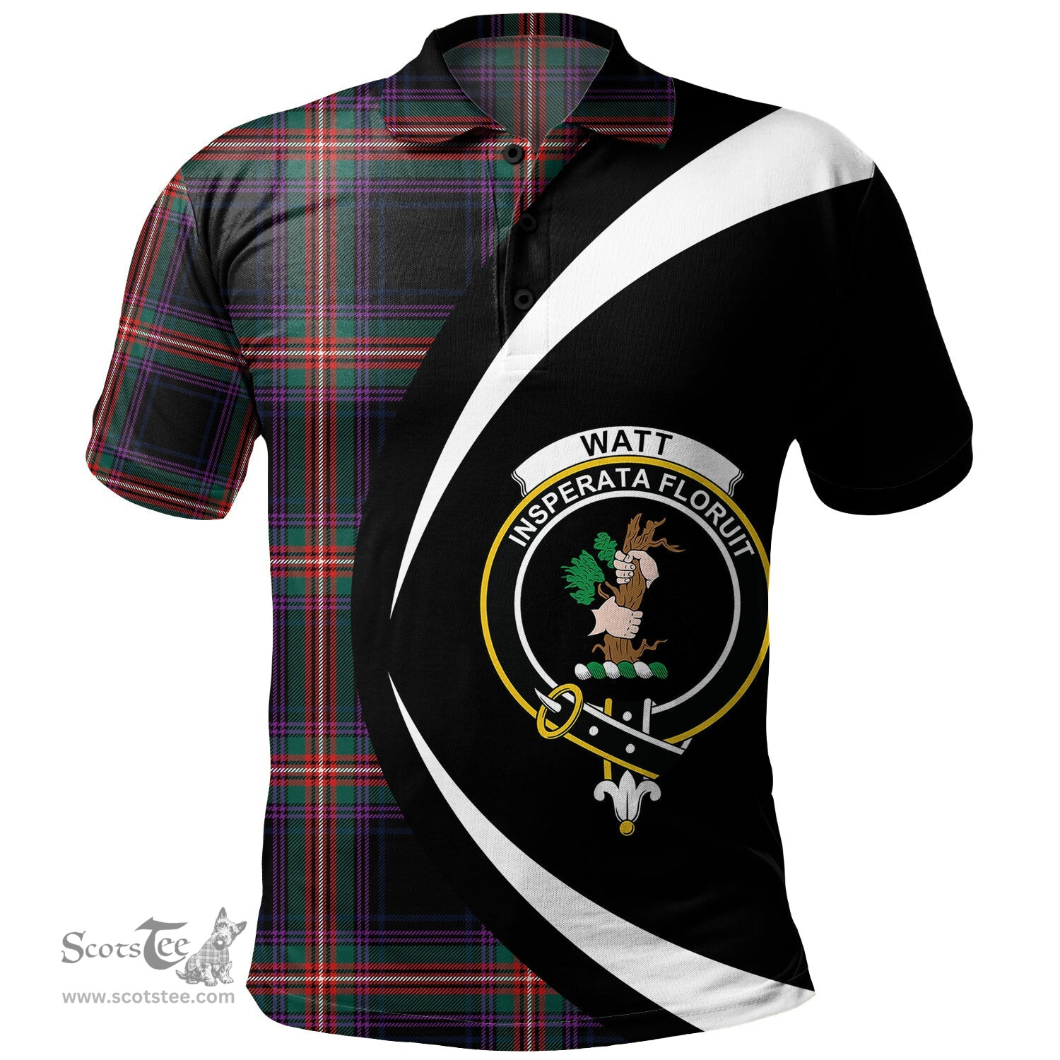 ScotsTee Shop Scottish Watt (Wate) Modern Clan Crest Personalized Tartan Polo Shirt Circle Style Back Shirt with Your Text
