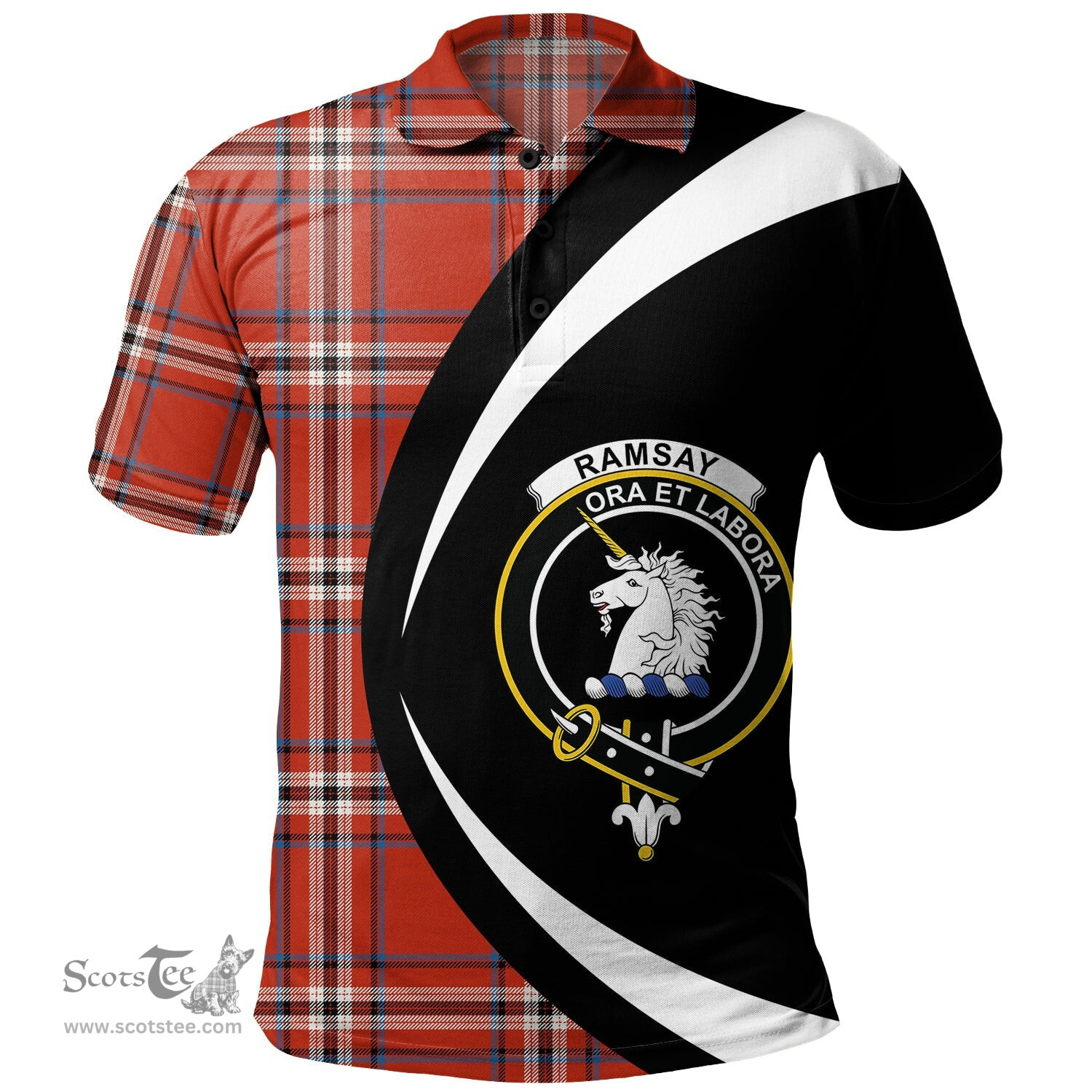 ScotsTee Shop Scottish Ramsay Angus & Mearns Ancient Clan Crest Personalized Tartan Polo Shirt Circle Style Back Shirt with Your Text
