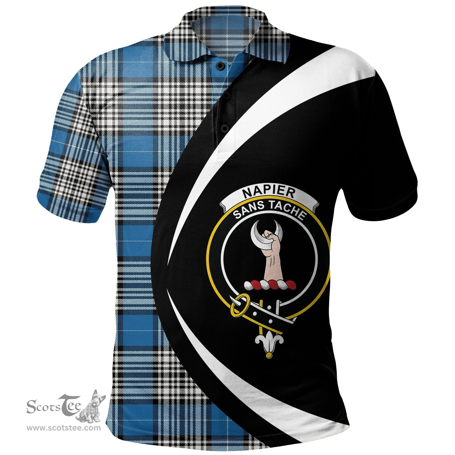 ScotsTee Shop Scottish Napier Ancient Clan Crest Personalized Tartan Polo Shirt Circle Style Back Shirt with Your Text