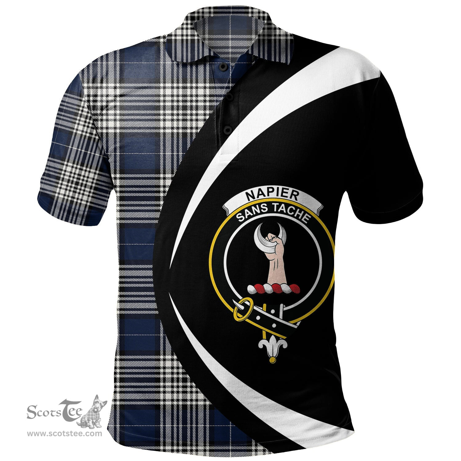 ScotsTee Shop Scottish Napier Modern Clan Crest Personalized Tartan Polo Shirt Circle Style Back Shirt with Your Text