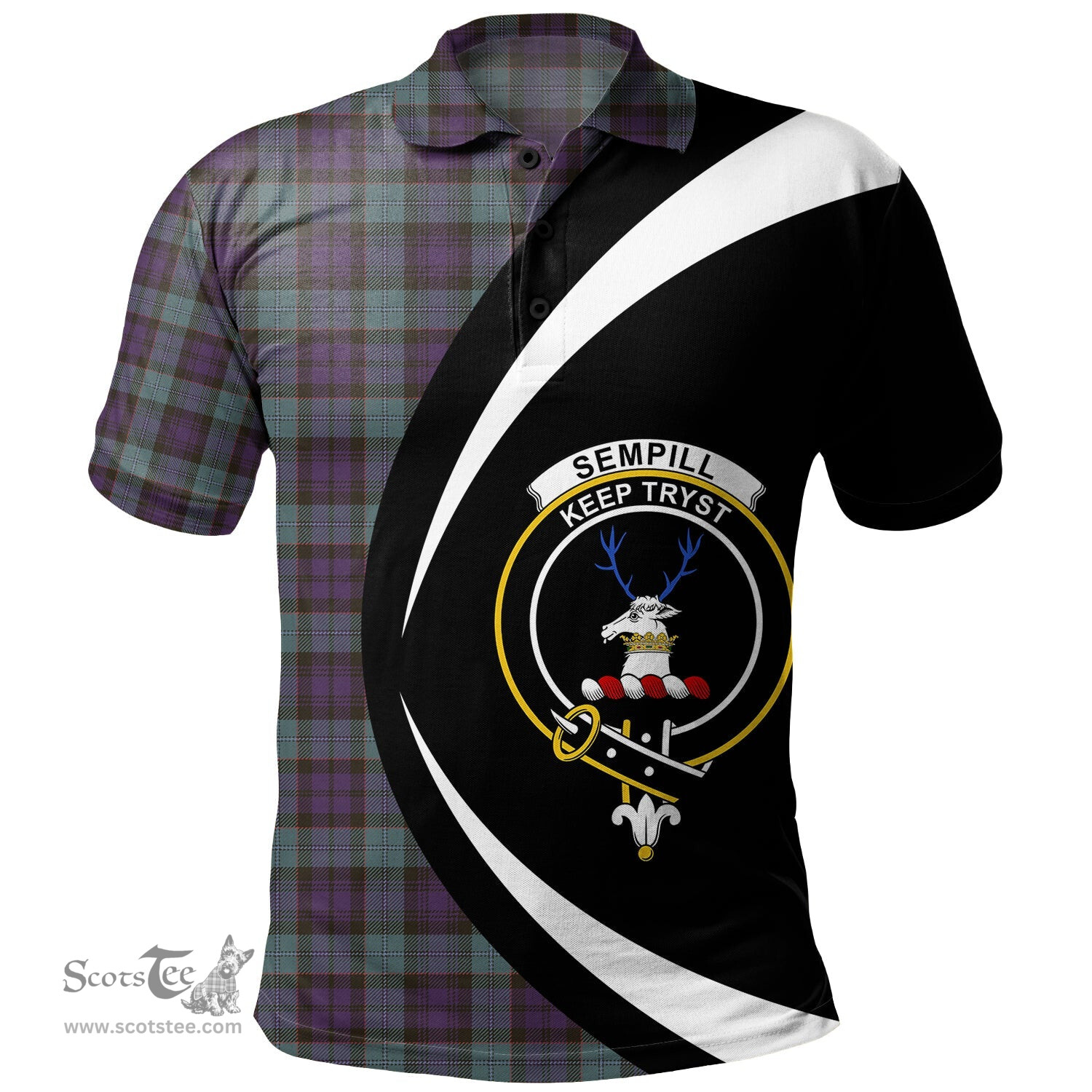 ScotsTee Shop Scottish Sempill (Semple) Weathered Clan Crest Personalized Tartan Polo Shirt Circle Style Back Shirt with Your Text
