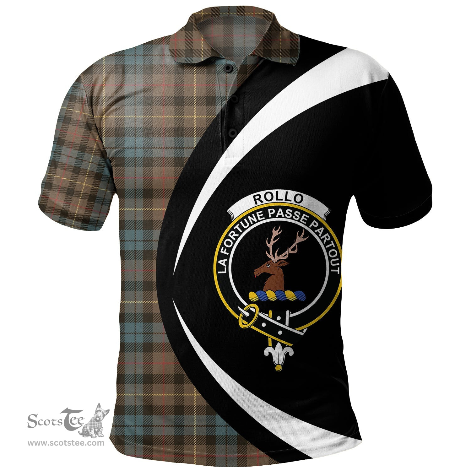 ScotsTee Shop Scottish Rollo Weathered Clan Crest Personalized Tartan Polo Shirt Circle Style Back Shirt with Your Text