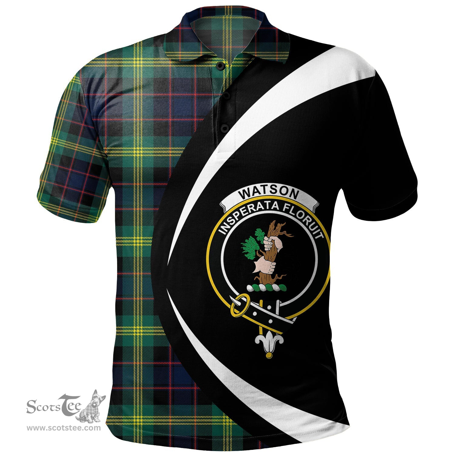 ScotsTee Shop Scottish Watson (Wate Watt) Modern Clan Crest Personalized Tartan Polo Shirt Circle Style Back Shirt with Your Text