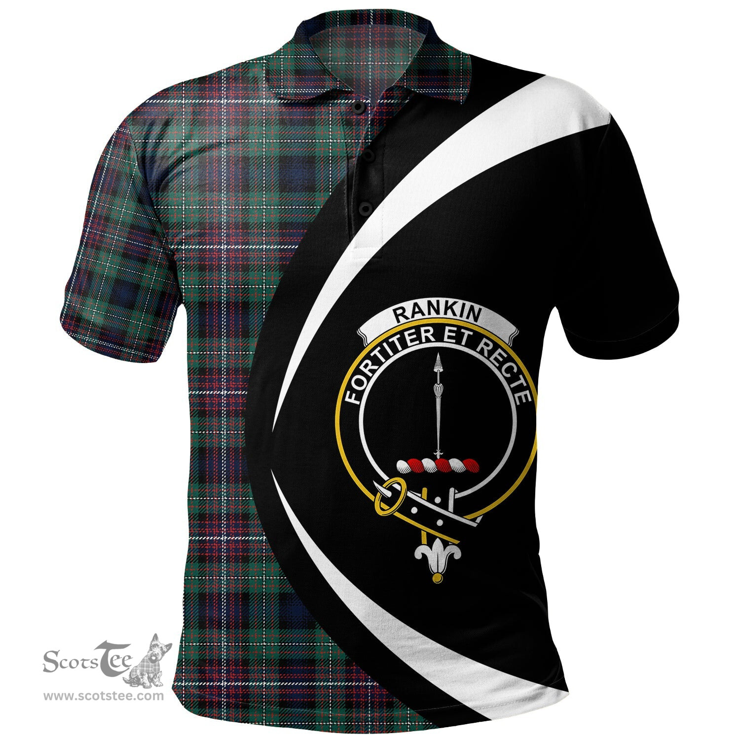 ScotsTee Shop Scottish Rankin (Dalgliesh) Modern Clan Crest Personalized Tartan Polo Shirt Circle Style Back Shirt with Your Text