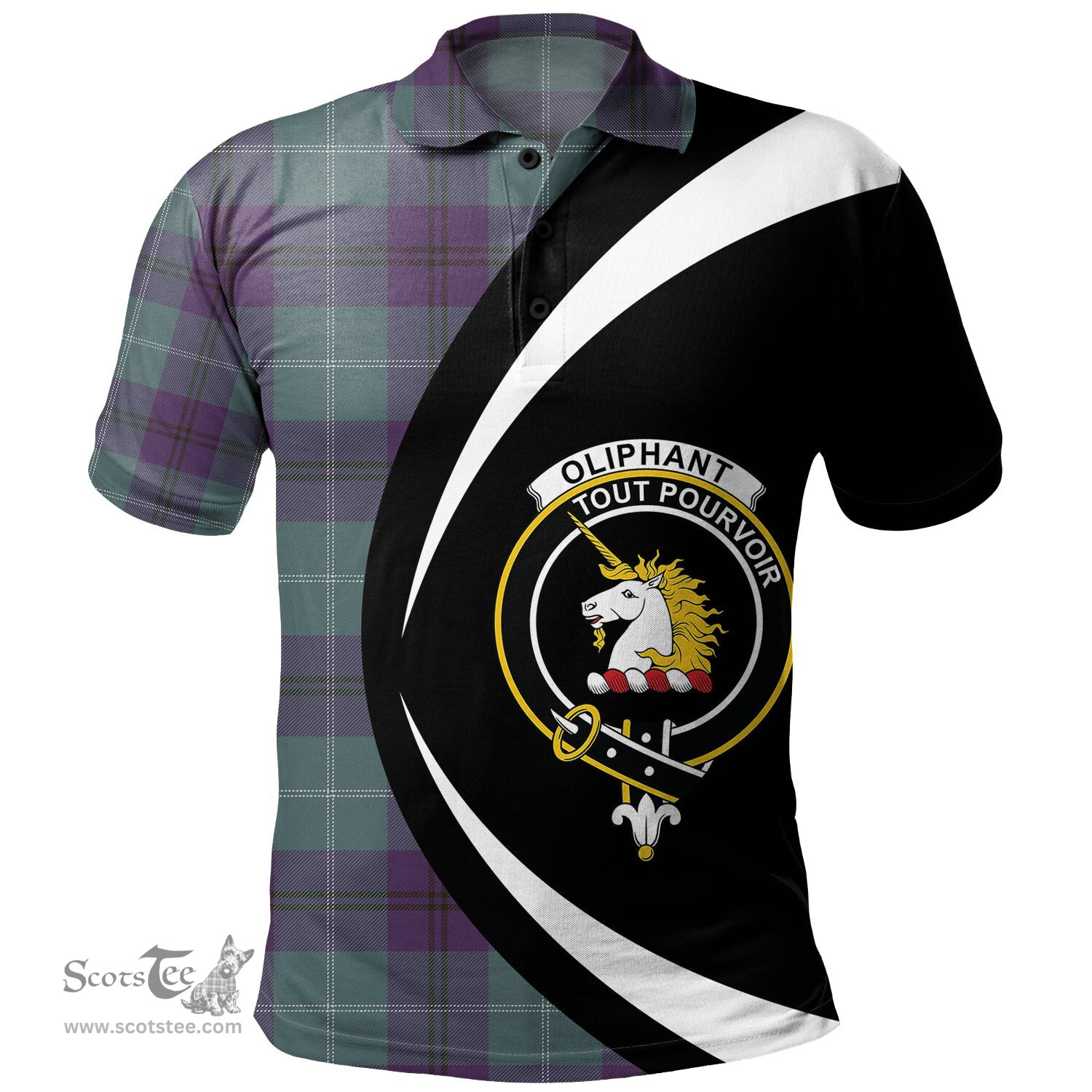 ScotsTee Shop Scottish Oliphant Weathered Clan Crest Personalized Tartan Polo Shirt Circle Style Back Shirt with Your Text