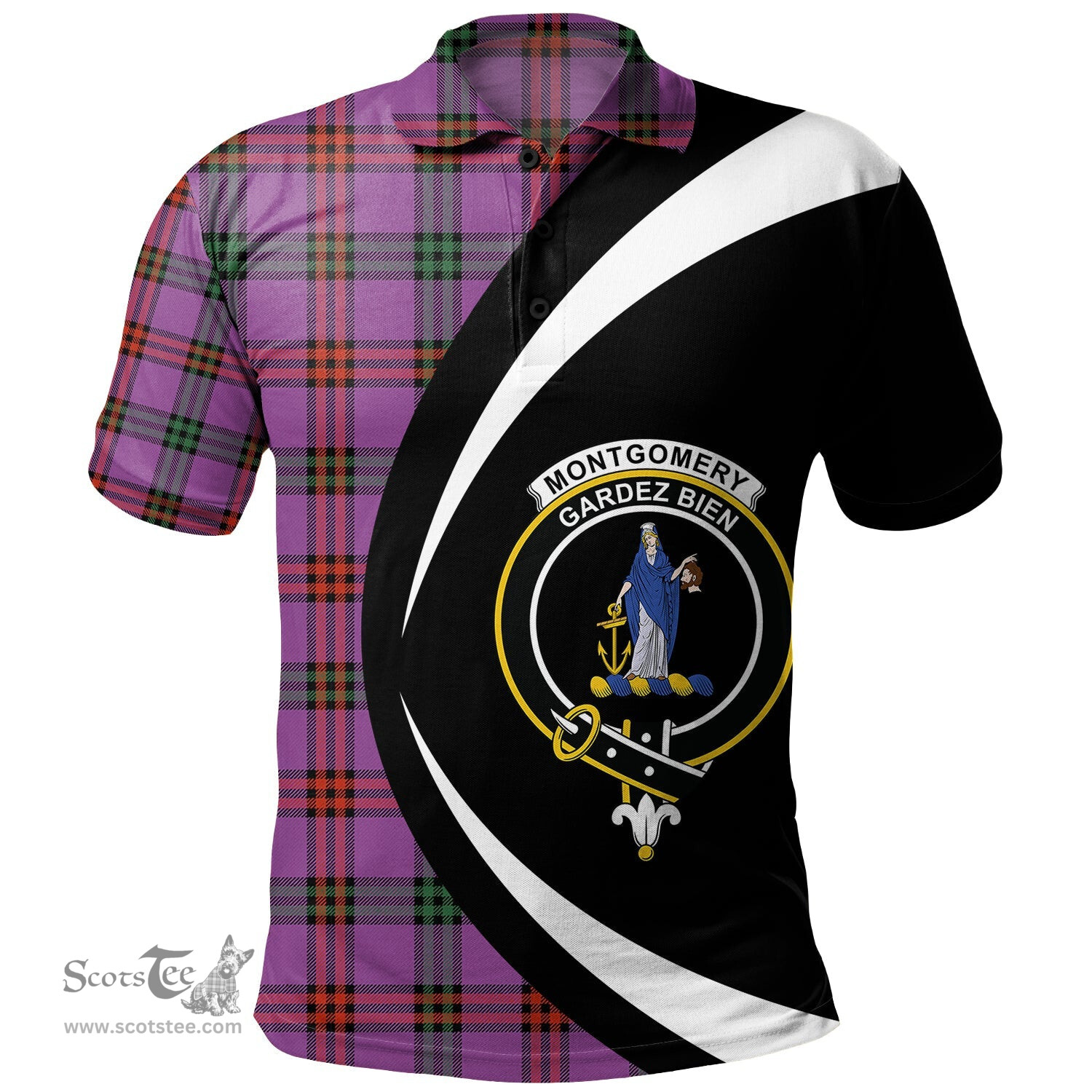 ScotsTee Shop Scottish Montgomery Ancient Clan Crest Personalized Tartan Polo Shirt Circle Style Back Shirt with Your Text