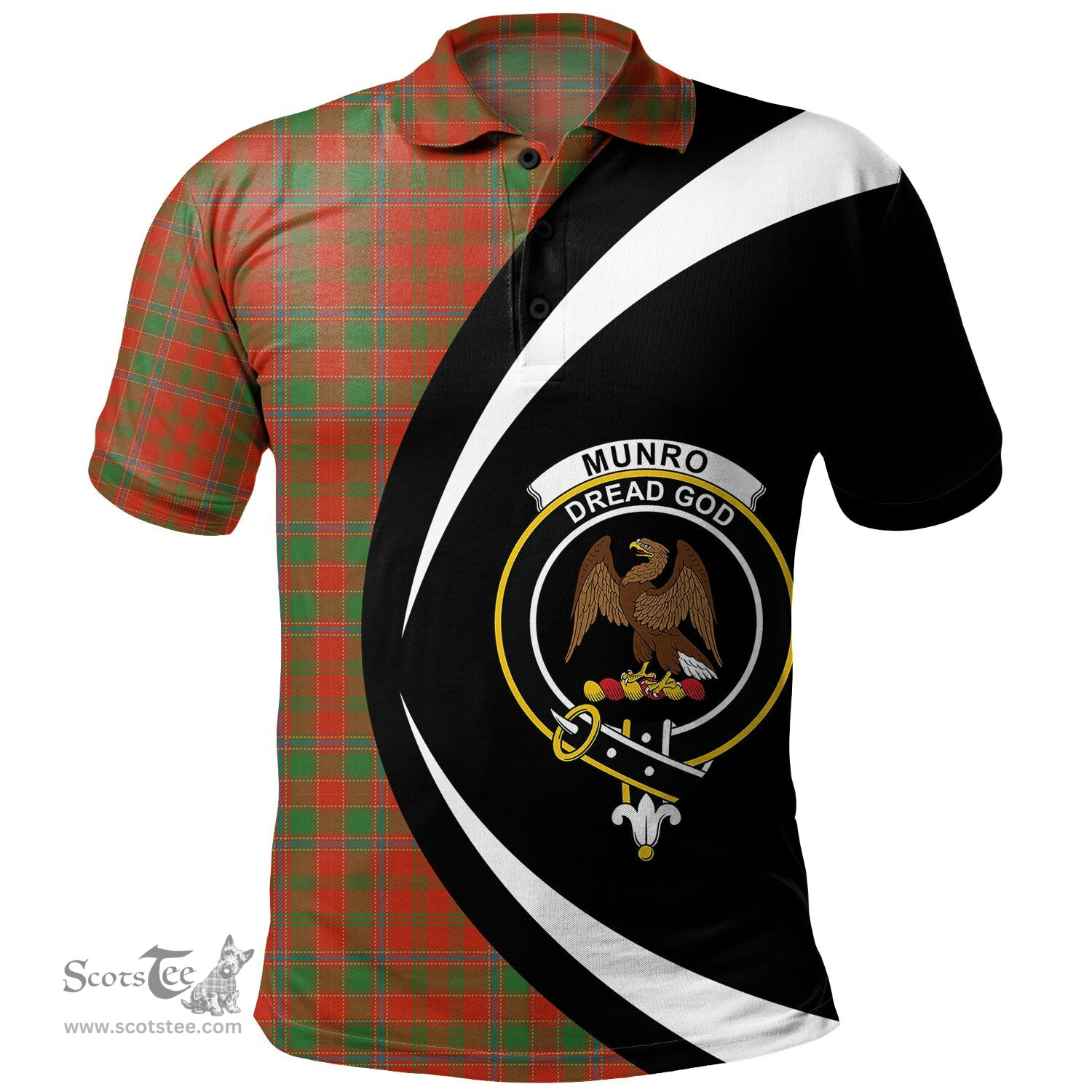 ScotsTee Shop Scottish Munro (Logan) Ancient Clan Crest Personalized Tartan Polo Shirt Circle Style Back Shirt with Your Text