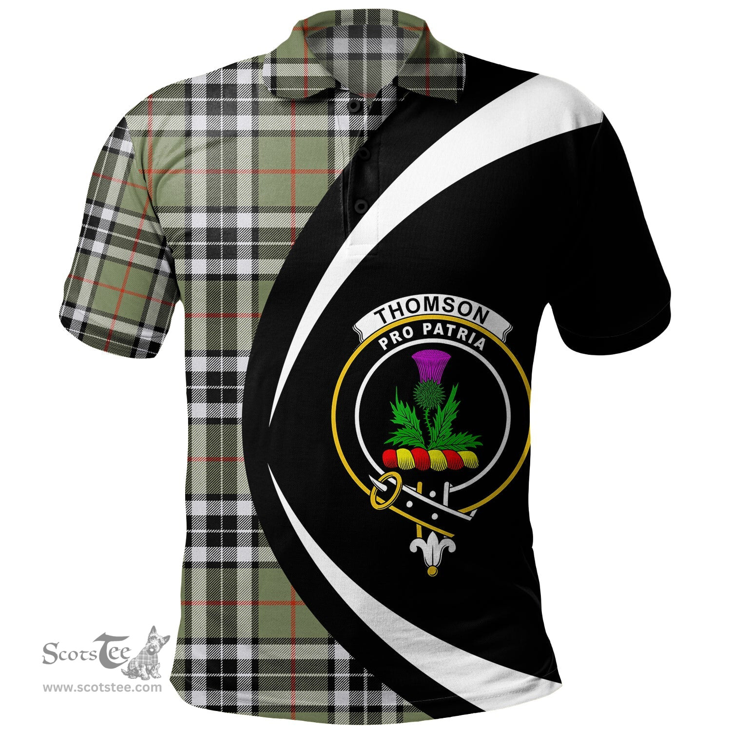 ScotsTee Shop Scottish Thomson Camel (MacThomas Thompson Camel) Ancient Clan Crest Personalized Tartan Polo Shirt Circle Style Back Shirt with Your Text