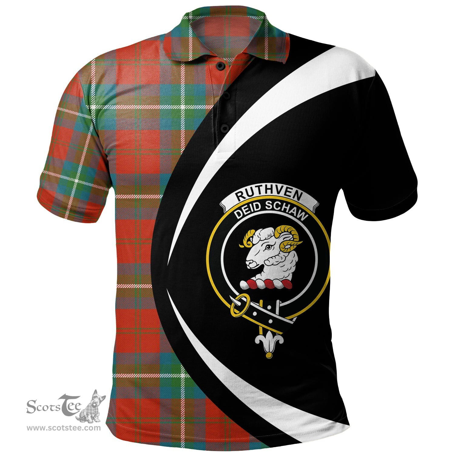 ScotsTee Shop Scottish Ruthven Ancient Clan Crest Personalized Tartan Polo Shirt Circle Style Back Shirt with Your Text
