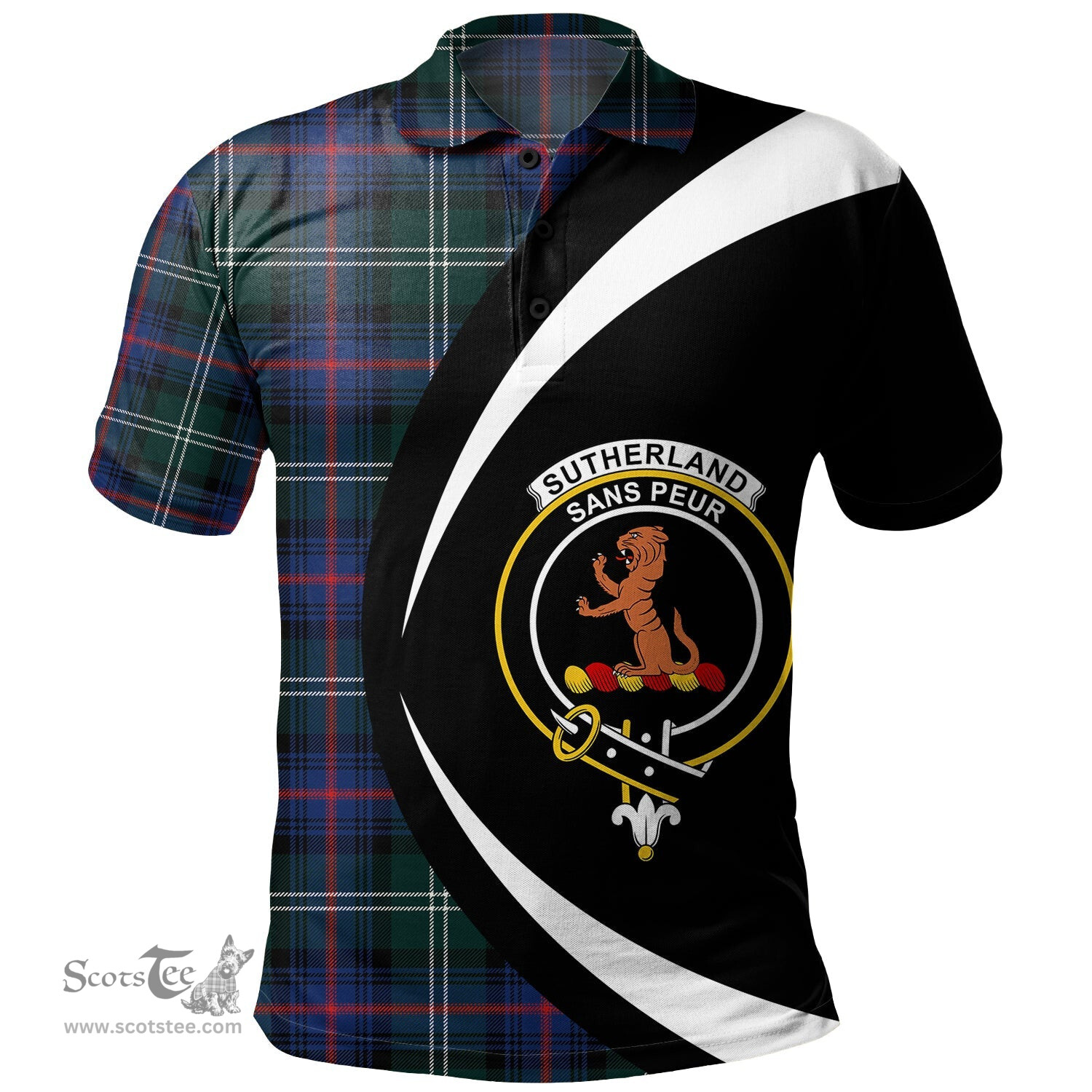 ScotsTee Shop Scottish Sutherland Modern Clan Crest Personalized Tartan Polo Shirt Circle Style Back Shirt with Your Text