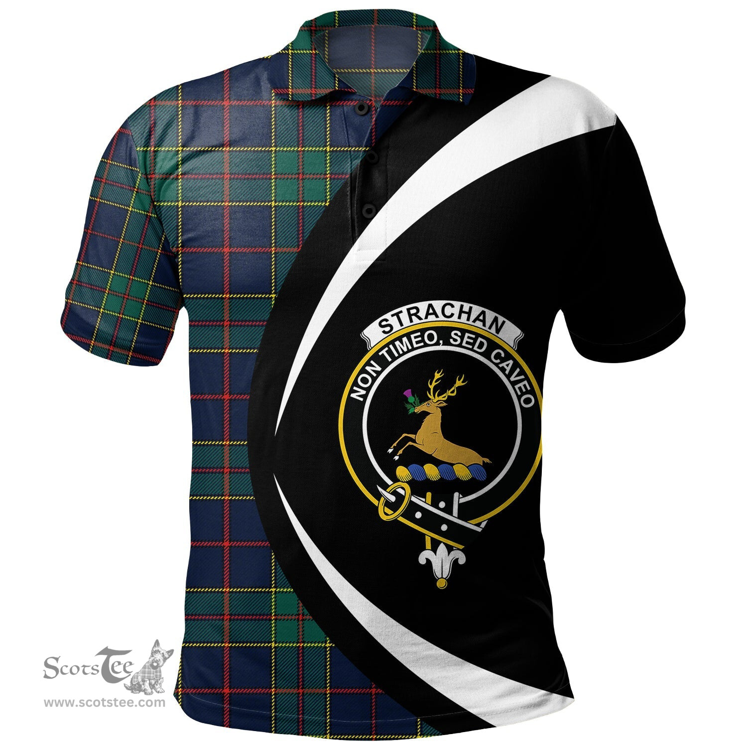 ScotsTee Shop Scottish Strachan Modern Clan Crest Personalized Tartan Polo Shirt Circle Style Back Shirt with Your Text