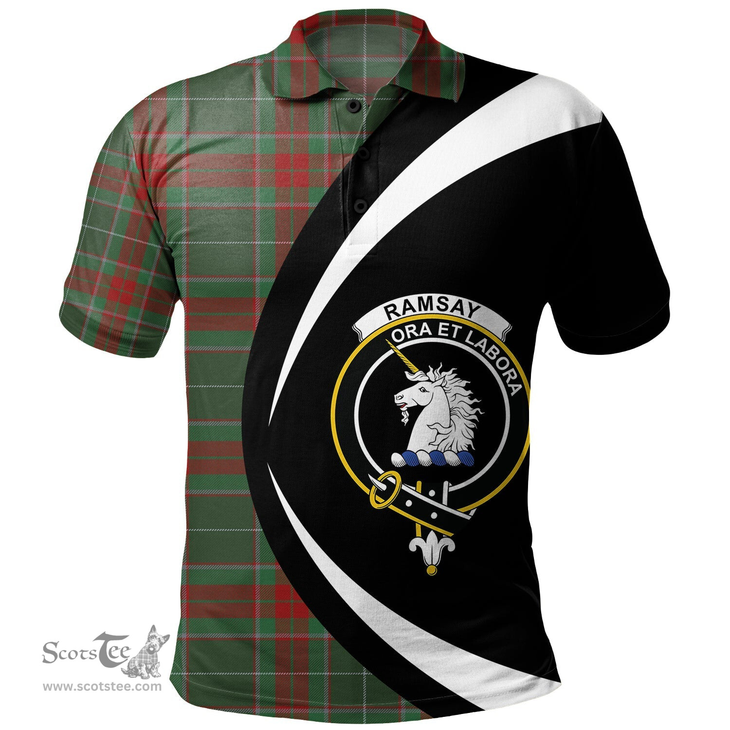 ScotsTee Shop Scottish Ramsay Green Modern Clan Crest Personalized Tartan Polo Shirt Circle Style Back Shirt with Your Text