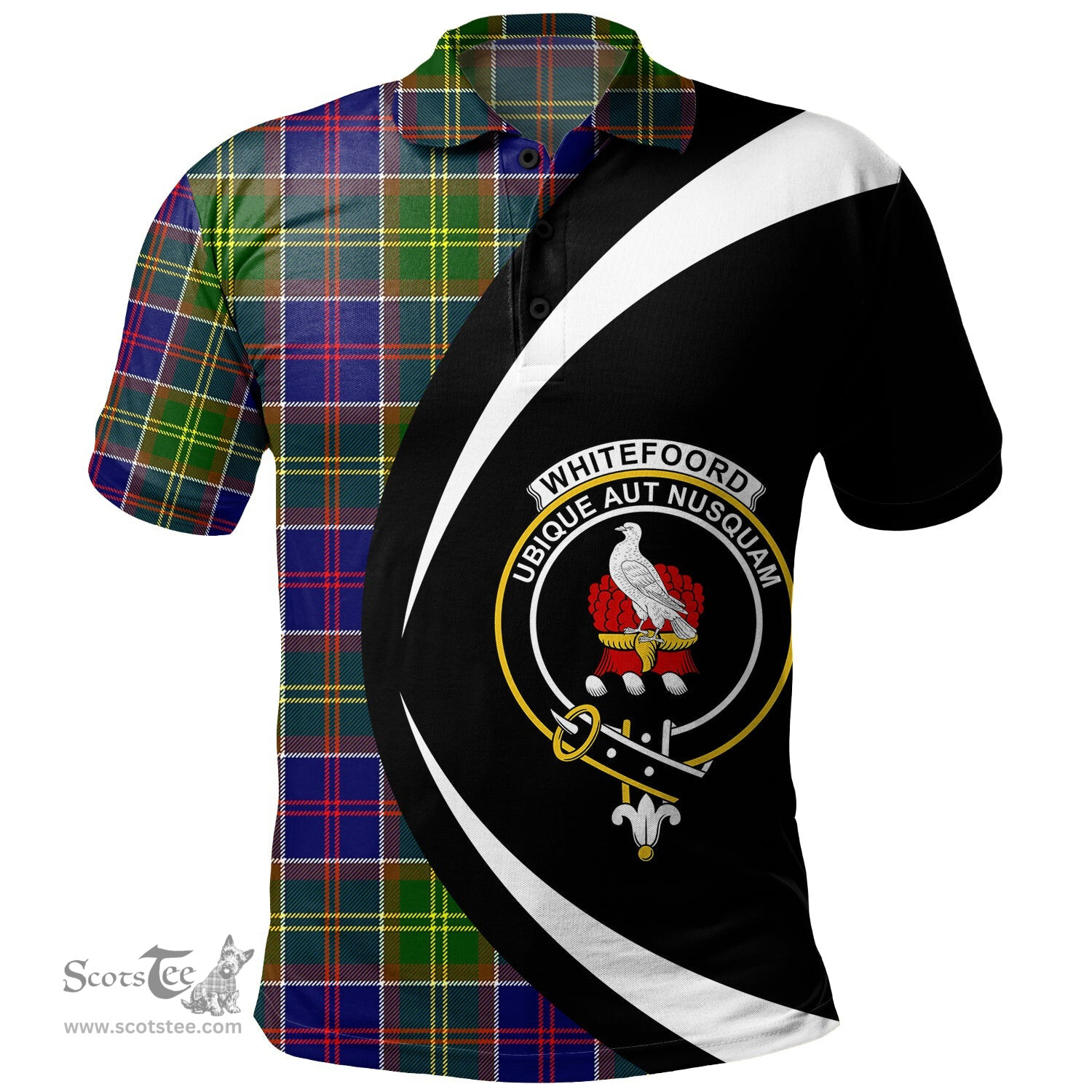 ScotsTee Shop Scottish Whitefoord Modern Clan Crest Personalized Tartan Polo Shirt Circle Style Back Shirt with Your Text