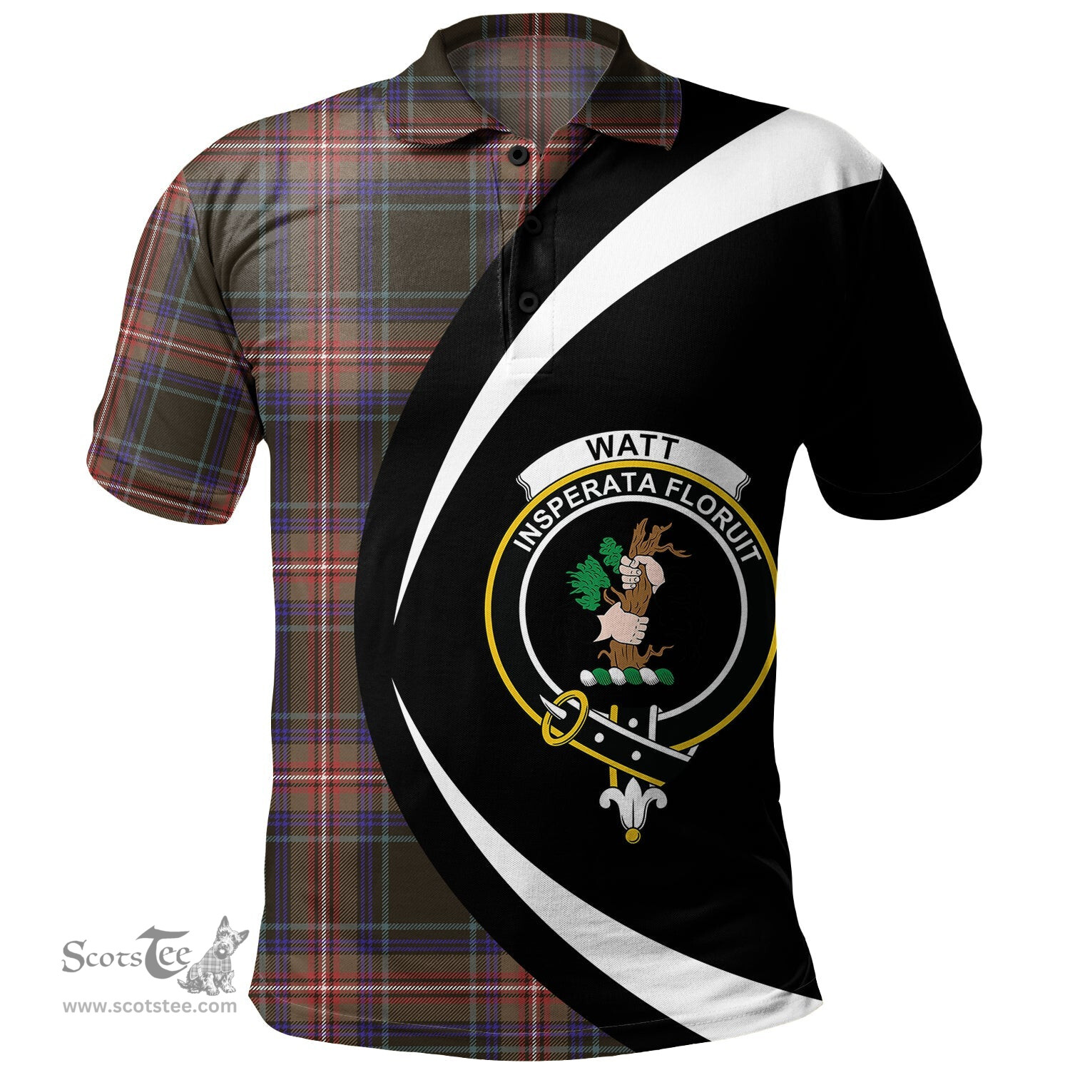 ScotsTee Shop Scottish Watt (Wate) Weathered Clan Crest Personalized Tartan Polo Shirt Circle Style Back Shirt with Your Text