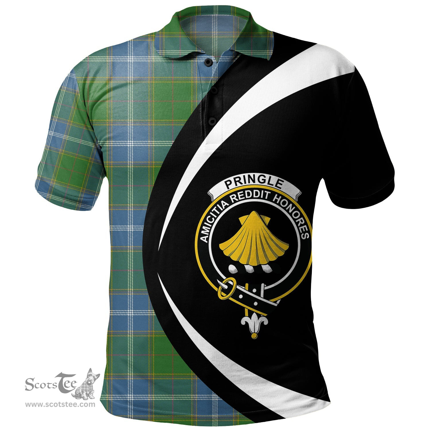ScotsTee Shop Scottish Pringle Ancient Clan Crest Personalized Tartan Polo Shirt Circle Style Back Shirt with Your Text