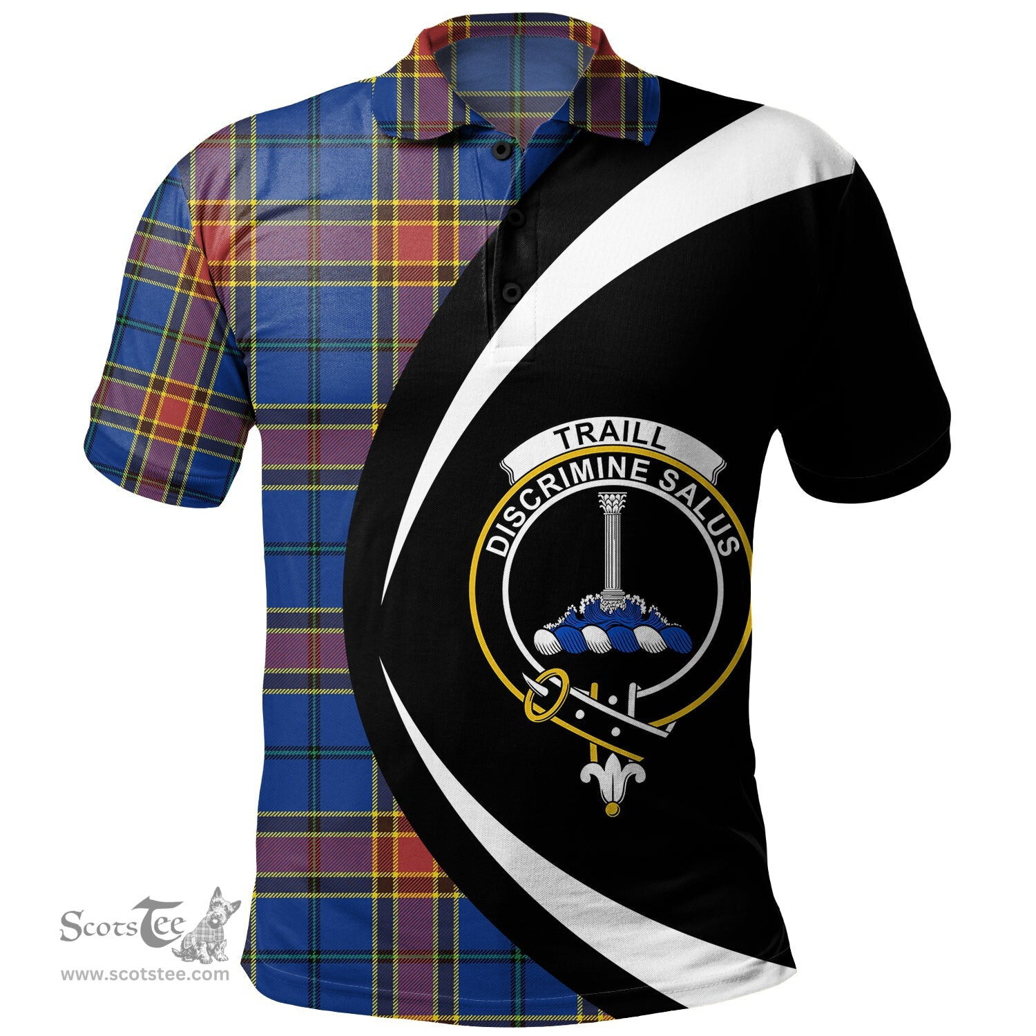 ScotsTee Shop Scottish Traill (Trayle) Modern Clan Crest Personalized Tartan Polo Shirt Circle Style Back Shirt with Your Text