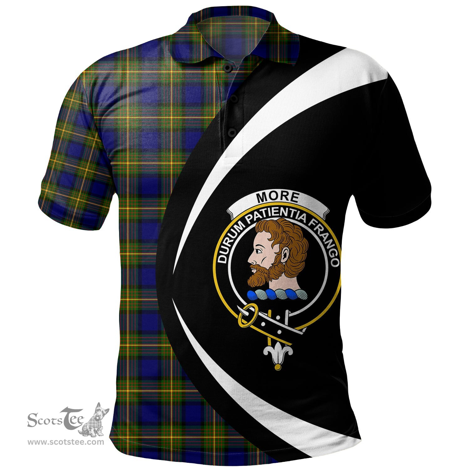 ScotsTee Shop Scottish More (Muir) Clan Crest Personalized Tartan Polo Shirt Circle Style Back Shirt with Your Text