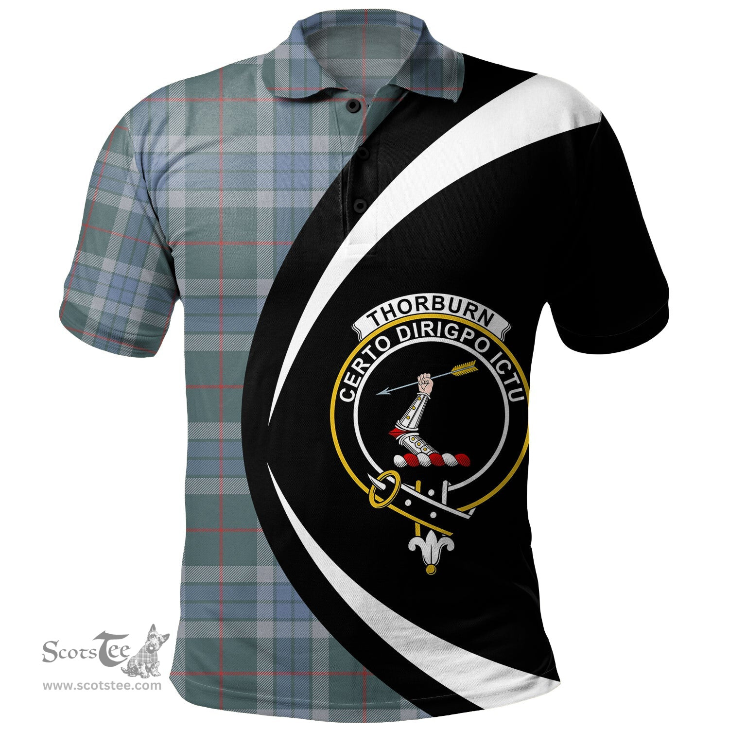 ScotsTee Shop Scottish Thorburn (Thurburn) Weathered Clan Crest Personalized Tartan Polo Shirt Circle Style Back Shirt with Your Text