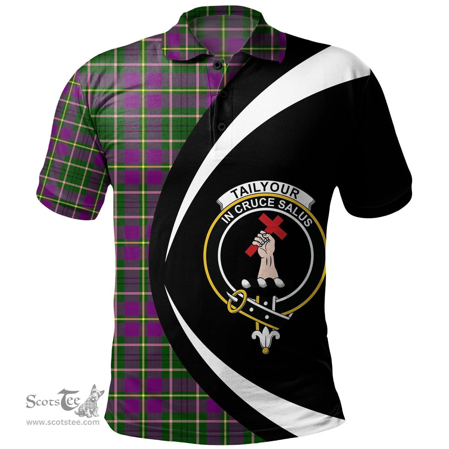 ScotsTee Shop Scottish Tailyour Clan Crest Personalized Tartan Polo Shirt Circle Style Back Shirt with Your Text