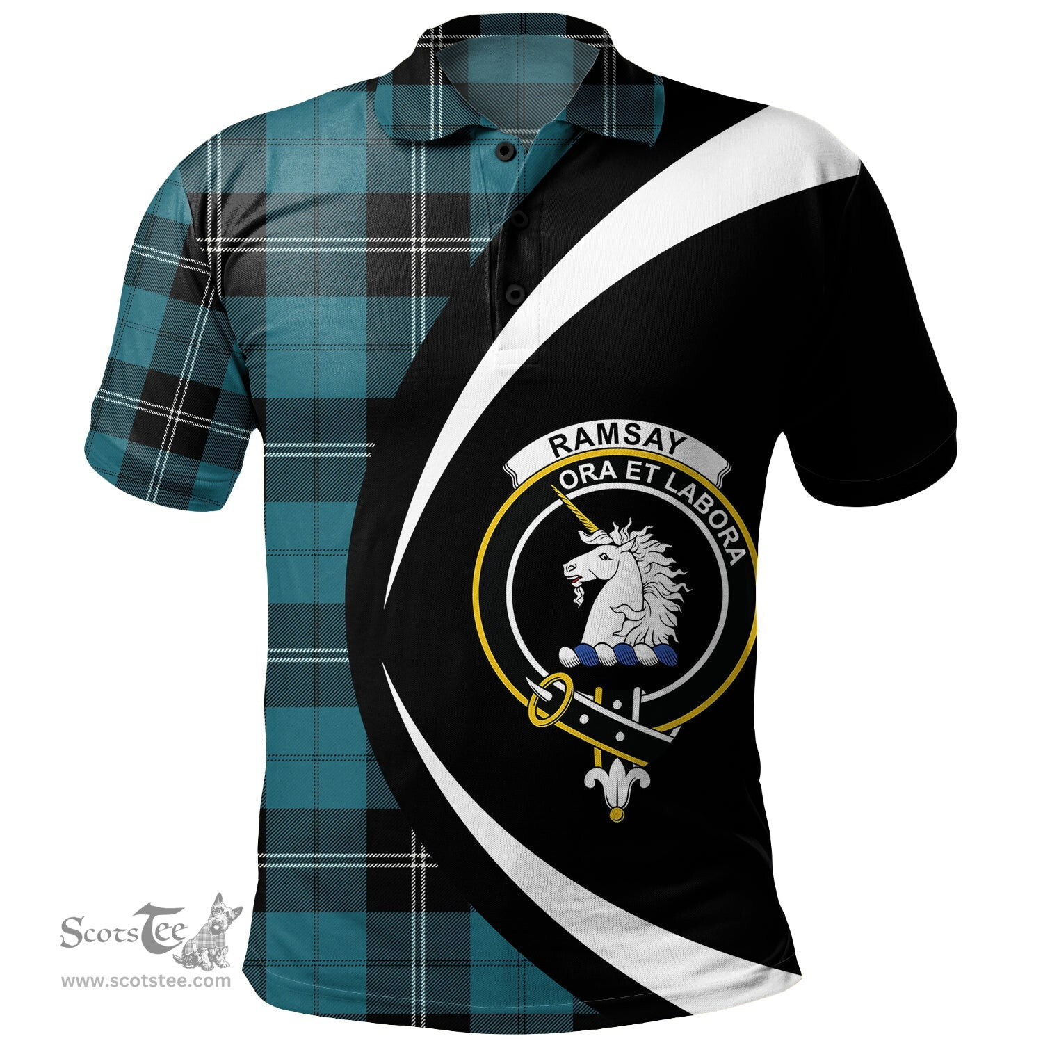 ScotsTee Shop Scottish Ramsay Blue Ancient Clan Crest Personalized Tartan Polo Shirt Circle Style Back Shirt with Your Text