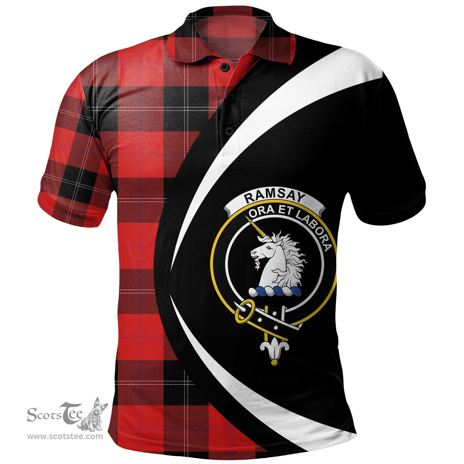 ScotsTee Shop Scottish Ramsay Red (Ramsay of Dalhousie) Clan Crest Personalized Tartan Polo Shirt Circle Style Back Shirt with Your Text
