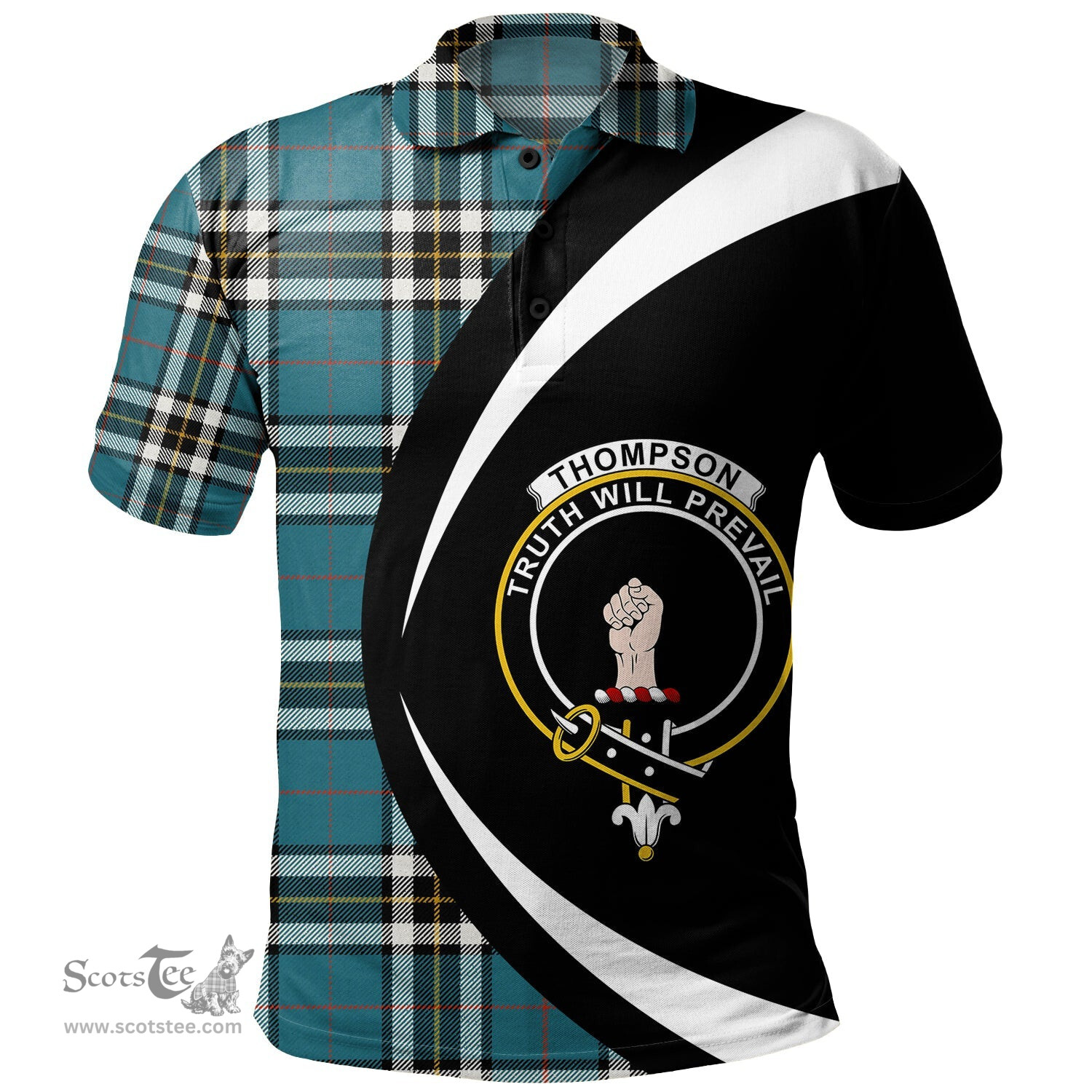 ScotsTee Shop Scottish Thomson Blue (MacThomas Blue Thompson Dress) Ancient Clan Crest Personalized Tartan Polo Shirt Circle Style Back Shirt with Your Text