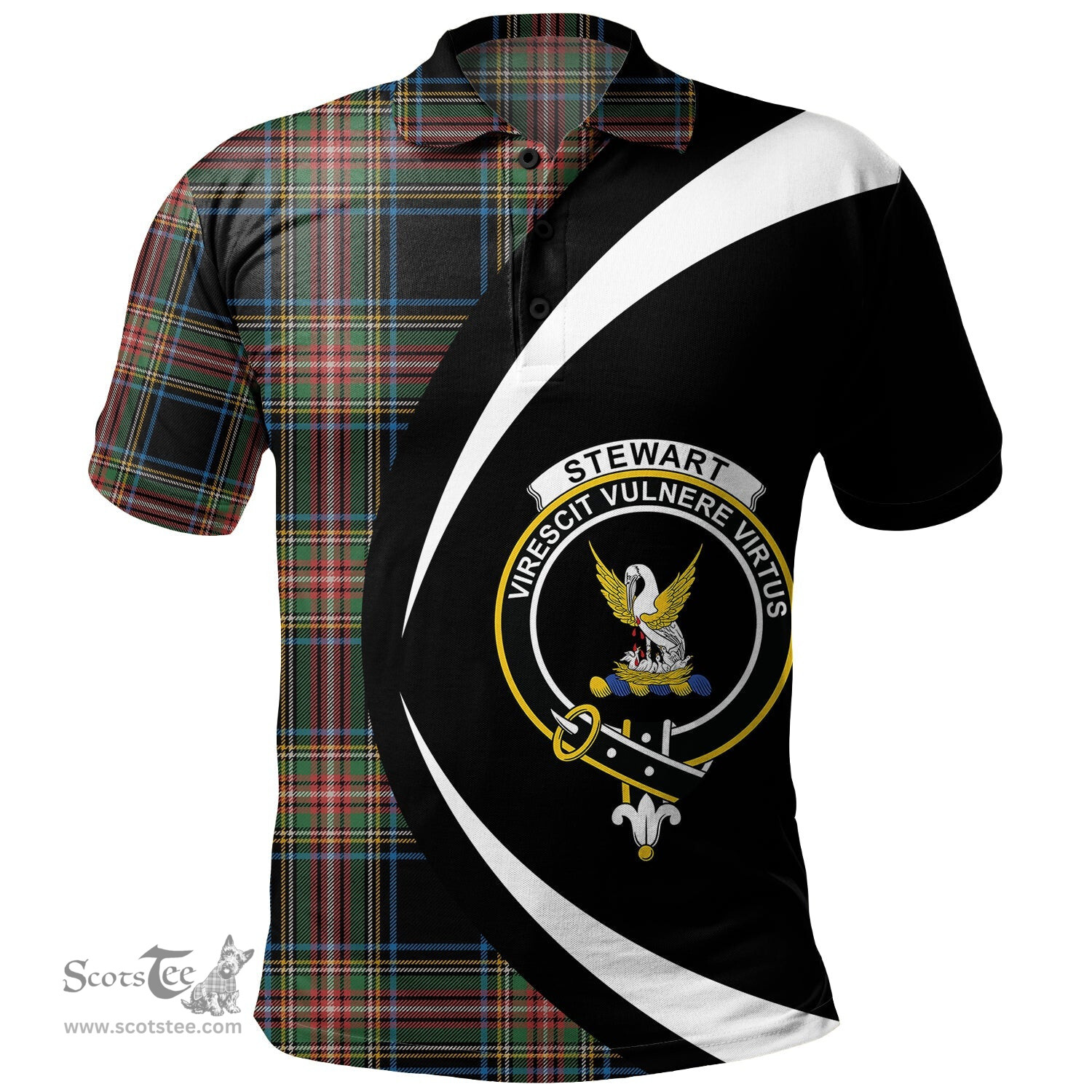 ScotsTee Shop Scottish Stewart Black Ancient Clan Crest Personalized Tartan Polo Shirt Circle Style Back Shirt with Your Text