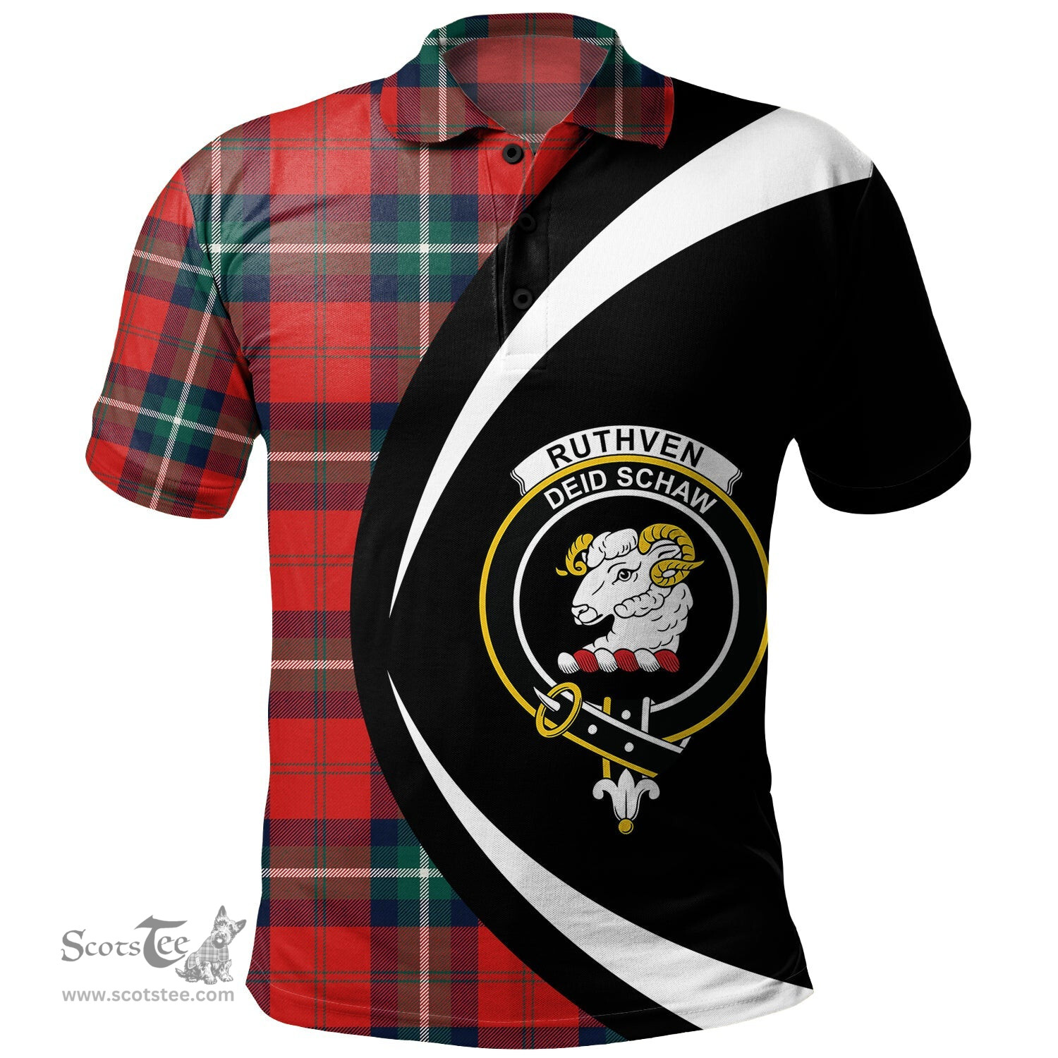 ScotsTee Shop Scottish Ruthven Modern Clan Crest Personalized Tartan Polo Shirt Circle Style Back Shirt with Your Text