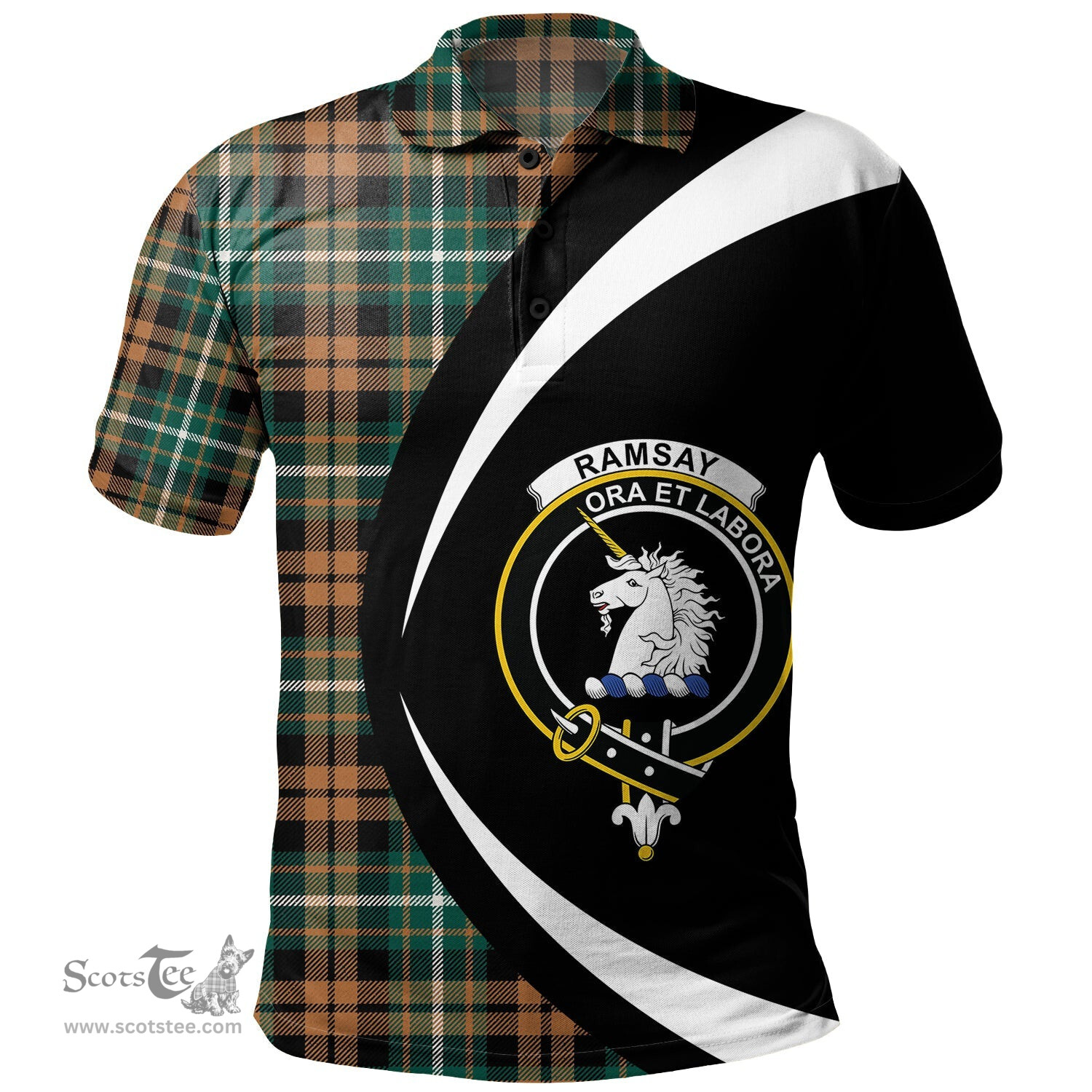 ScotsTee Shop Scottish Ramsay Orange Modern Clan Crest Personalized Tartan Polo Shirt Circle Style Back Shirt with Your Text