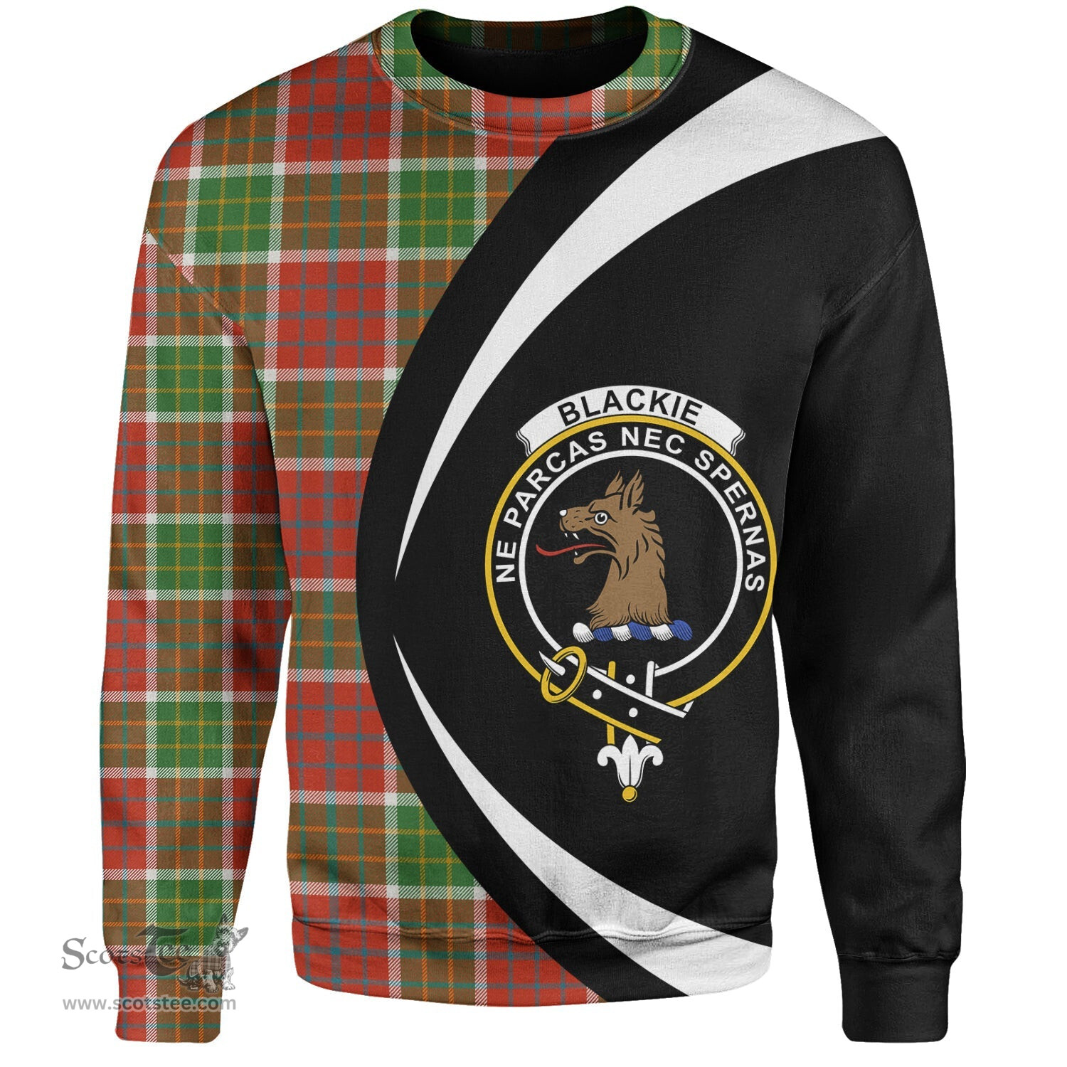ScotsTee Shop Scottish Blackie Ancient Clan Crest Personalized Tartan Sweatshirt Circle Style Back Shirt with Your Text