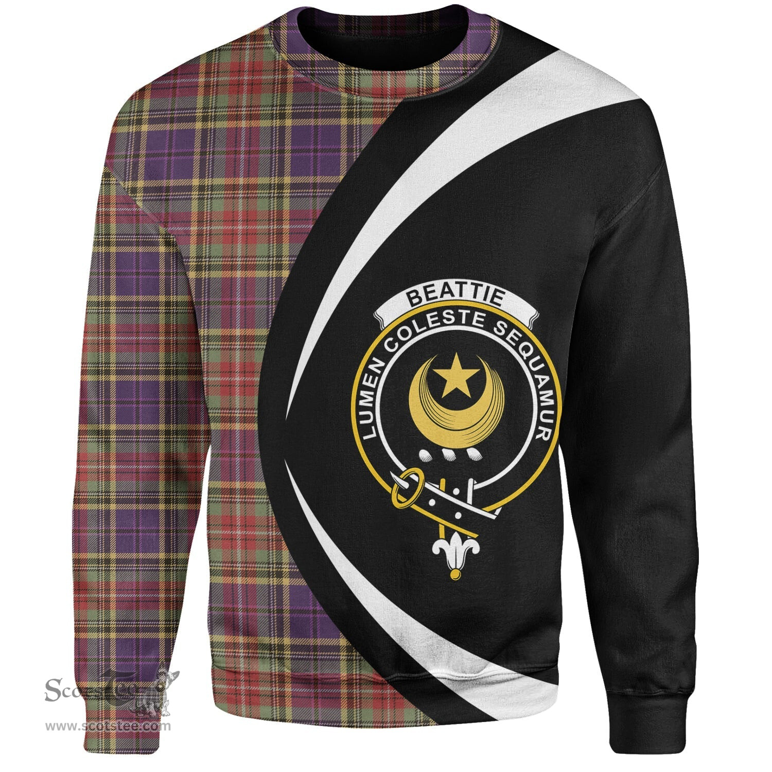 ScotsTee Shop Scottish Beattie Weathered Clan Crest Personalized Tartan Sweatshirt Circle Style Back Shirt with Your Text