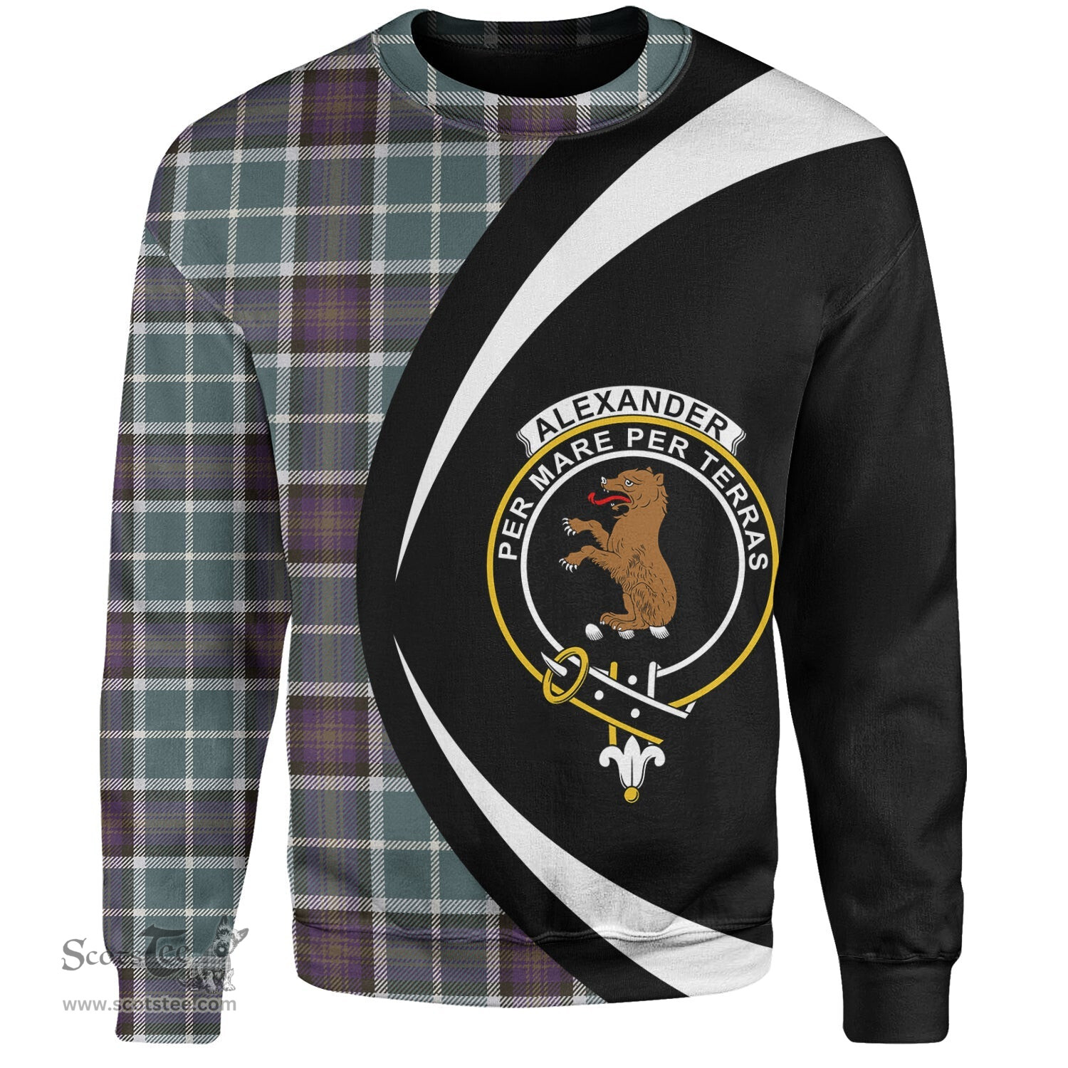 ScotsTee Shop Scottish Alexander of Menstry Weathered Clan Crest Personalized Tartan Sweatshirt Circle Style Back Shirt with Your Text