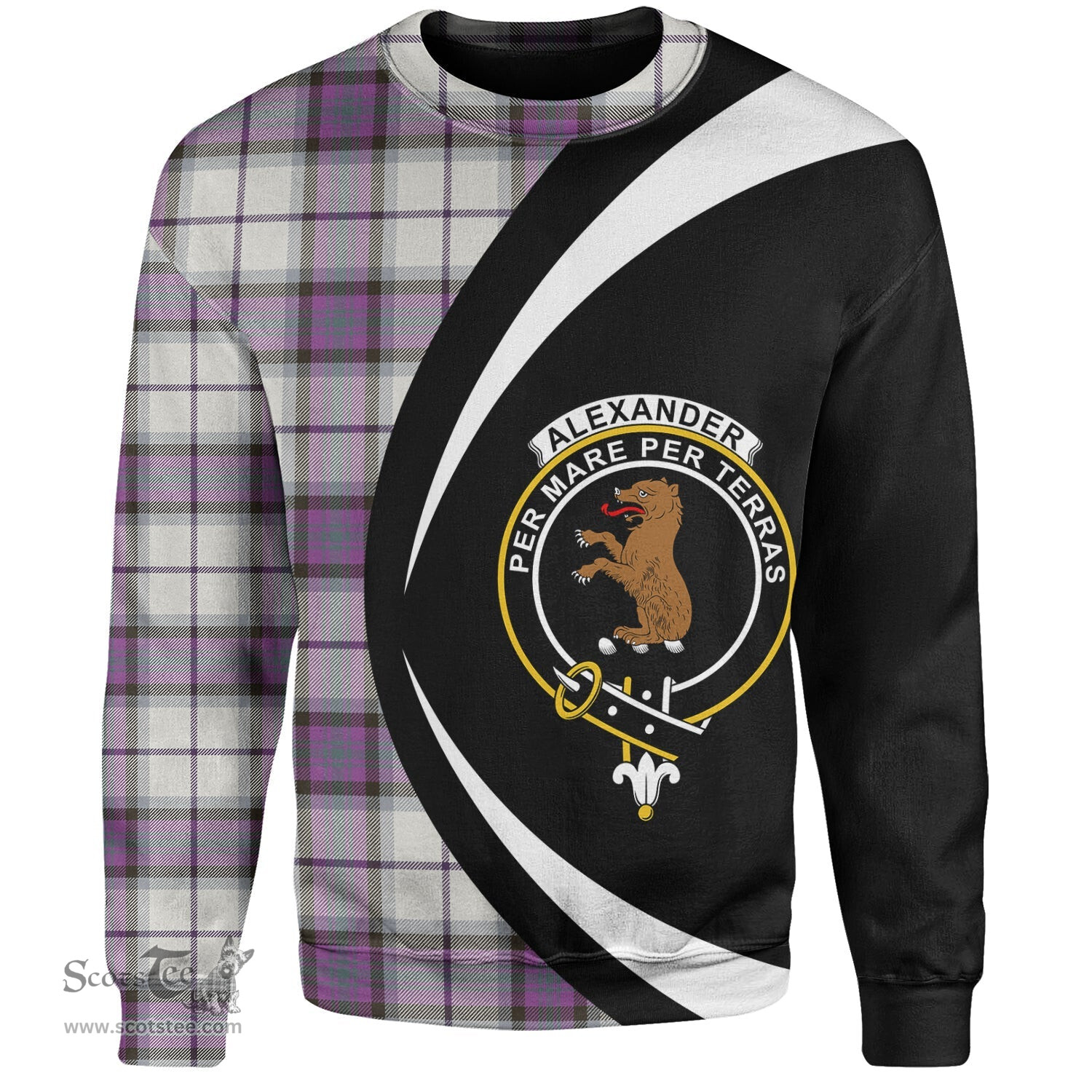 ScotsTee Shop Scottish Alexander of Menstry Dress Weathered Clan Crest Personalized Tartan Sweatshirt Circle Style Back Shirt with Your Text