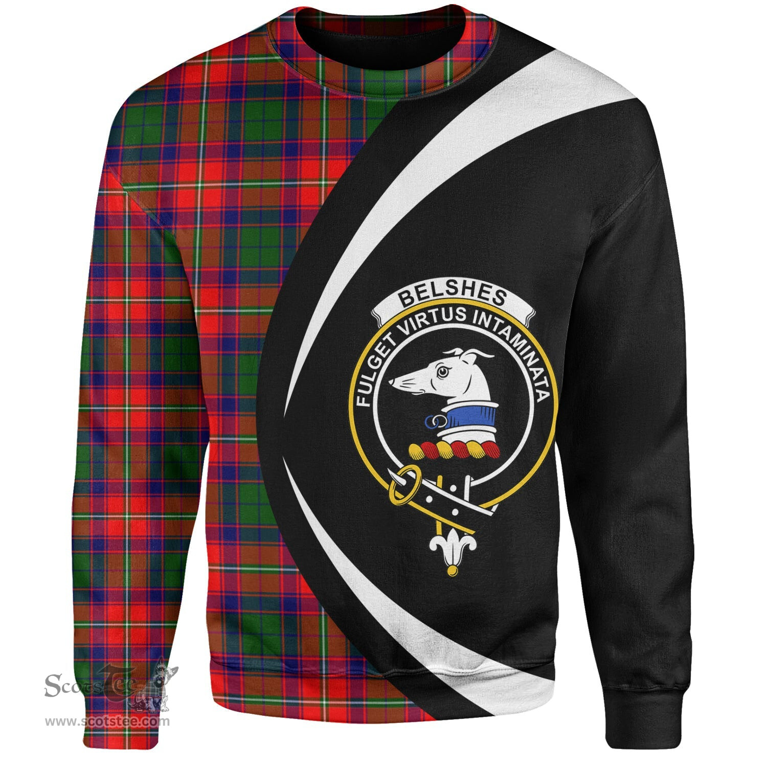 ScotsTee Shop Scottish Belshes Clan Crest Personalized Tartan Sweatshirt Circle Style Back Shirt with Your Text