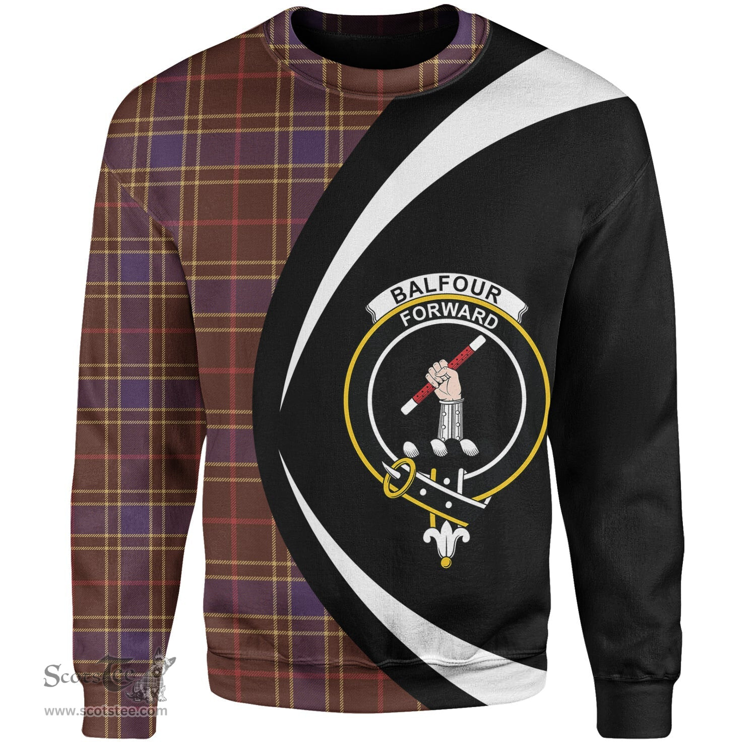 ScotsTee Shop Scottish Balfour Weathered Clan Crest Personalized Tartan Sweatshirt Circle Style Back Shirt with Your Text