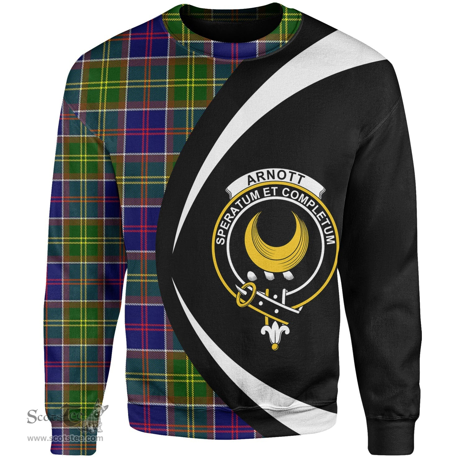ScotsTee Shop Scottish Arnott Clan Crest Personalized Tartan Sweatshirt Circle Style Back Shirt with Your Text