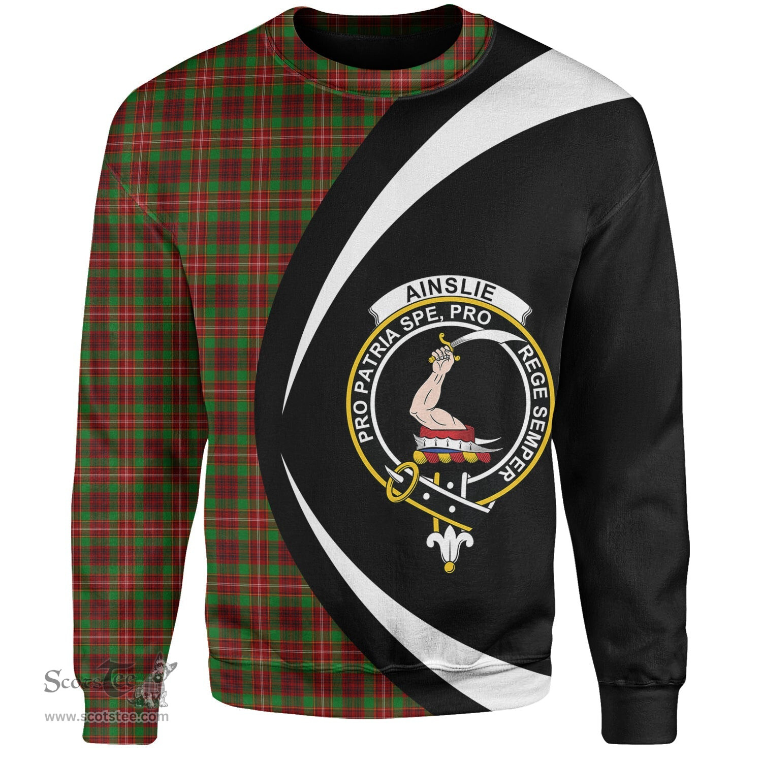 ScotsTee Shop Scottish Ainslie Clan Crest Personalized Tartan Sweatshirt Circle Style Back Shirt with Your Text