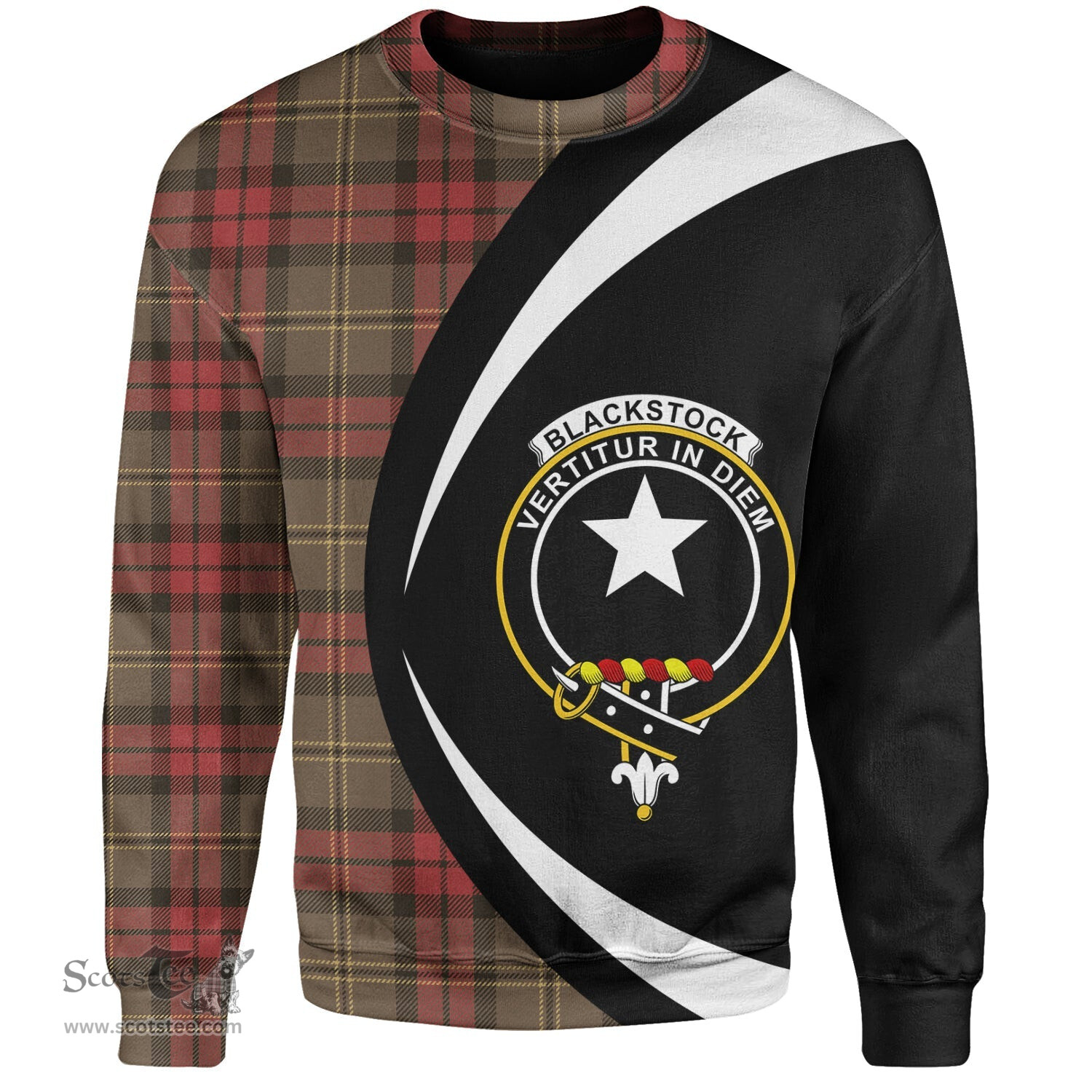 ScotsTee Shop Scottish Blackstock Hunting Weathered Clan Crest Personalized Tartan Sweatshirt Circle Style Back Shirt with Your Text