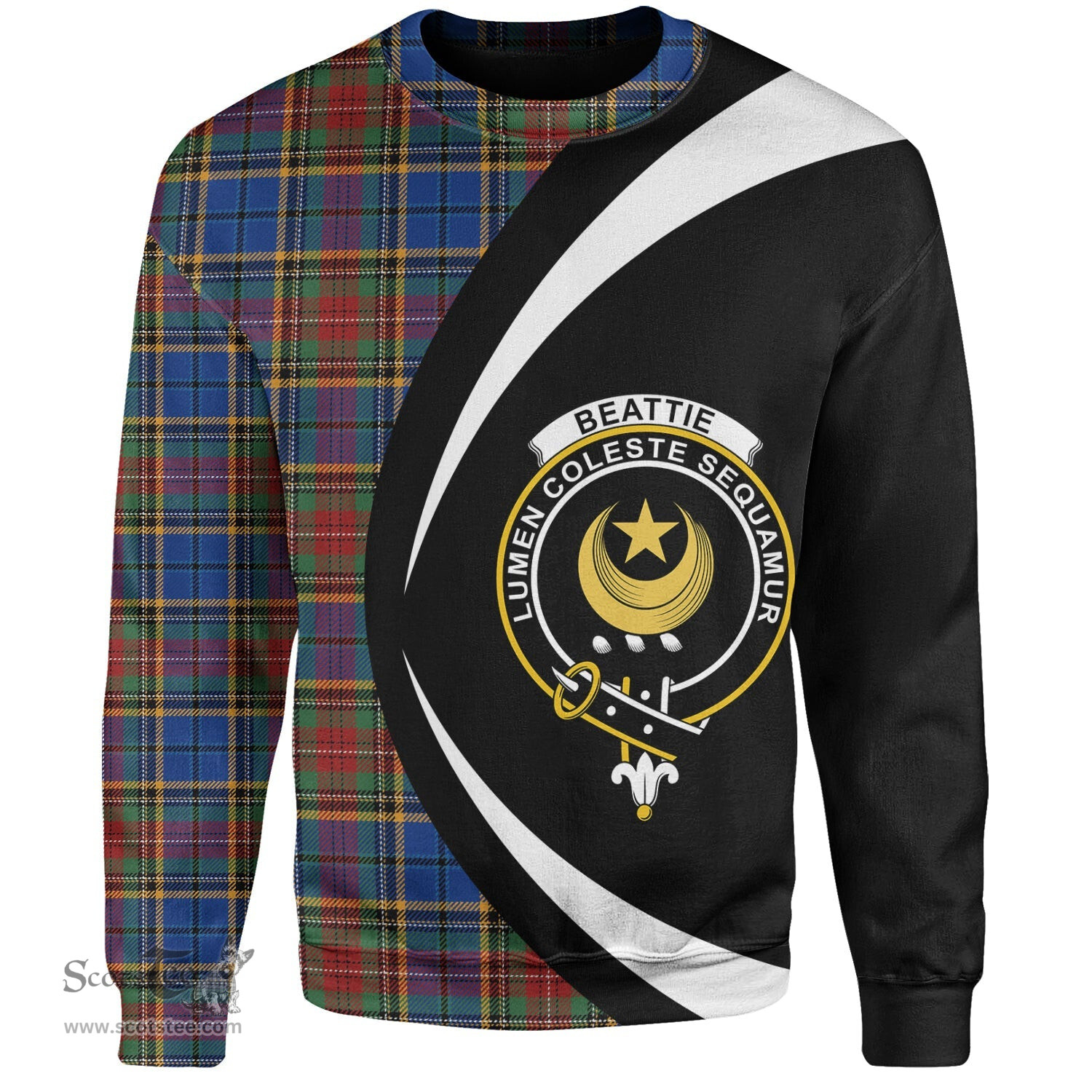 ScotsTee Shop Scottish Beattie Modern Clan Crest Personalized Tartan Sweatshirt Circle Style Back Shirt with Your Text