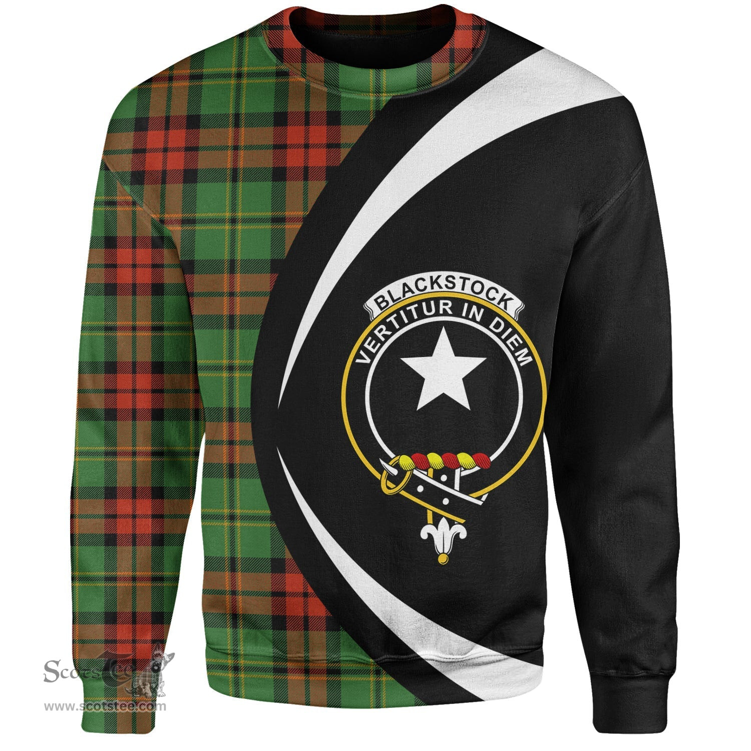 ScotsTee Shop Scottish Blackstock Hunting Ancient Clan Crest Personalized Tartan Sweatshirt Circle Style Back Shirt with Your Text