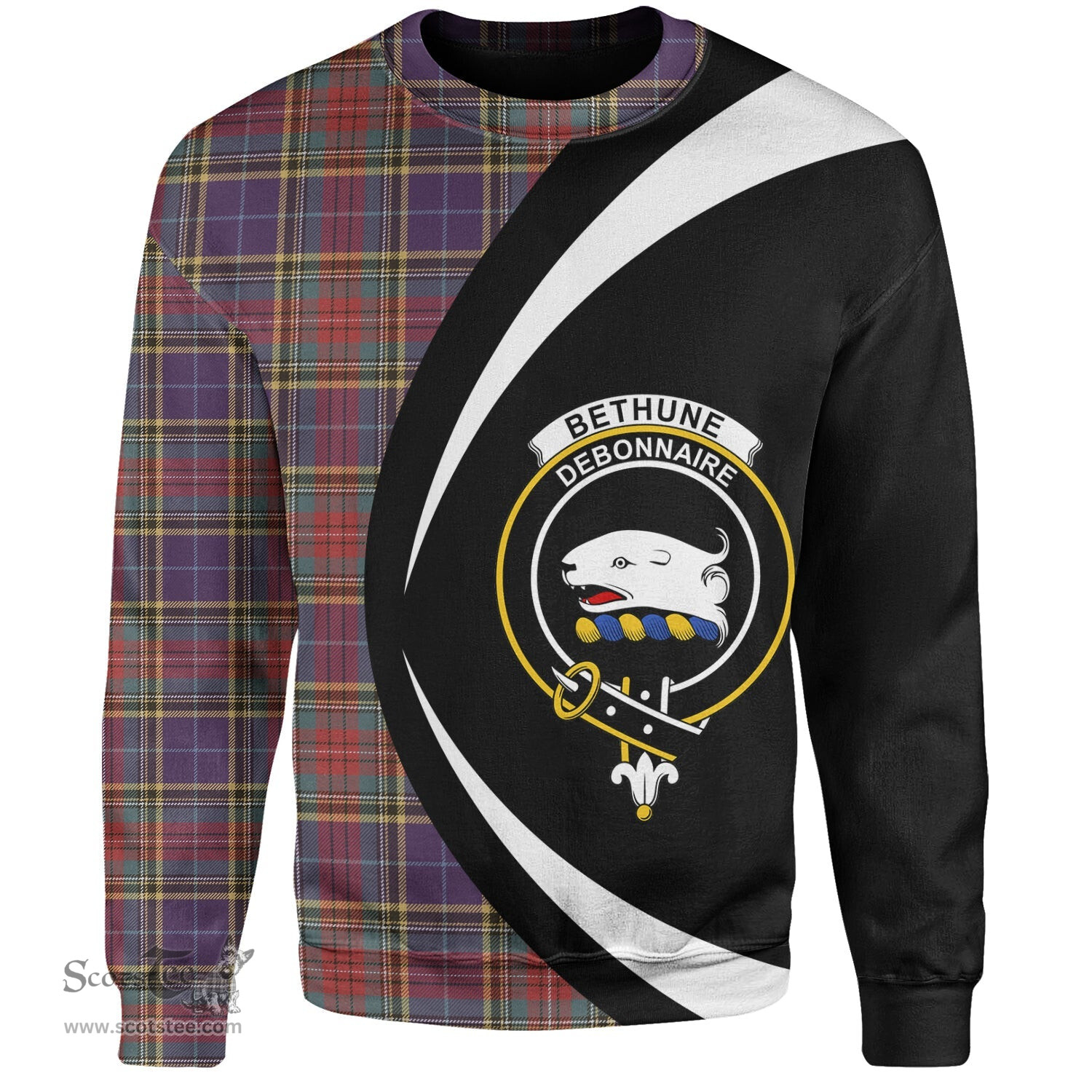 ScotsTee Shop Scottish Bethune Weathered Clan Crest Personalized Tartan Sweatshirt Circle Style Back Shirt with Your Text