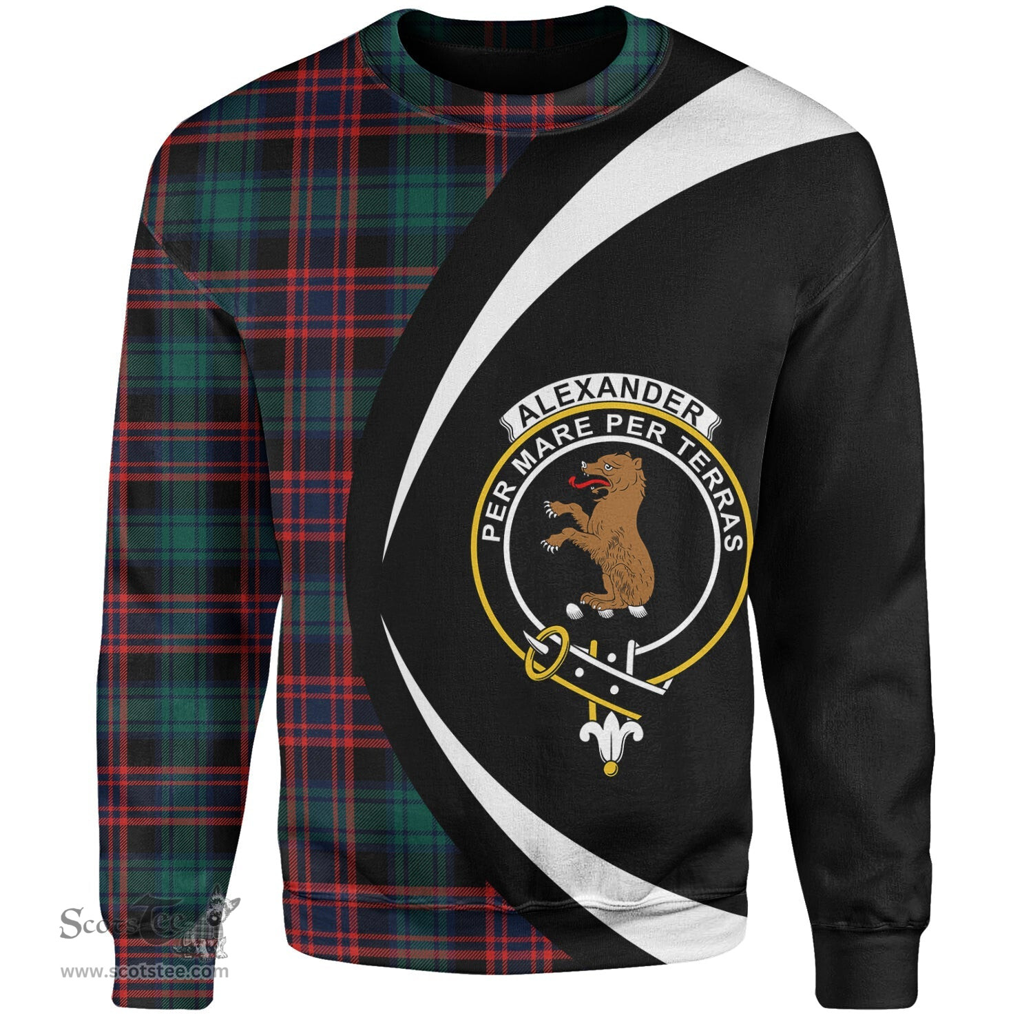 ScotsTee Shop Scottish Alexander Hunting Modern Clan Crest Personalized Tartan Sweatshirt Circle Style Back Shirt with Your Text