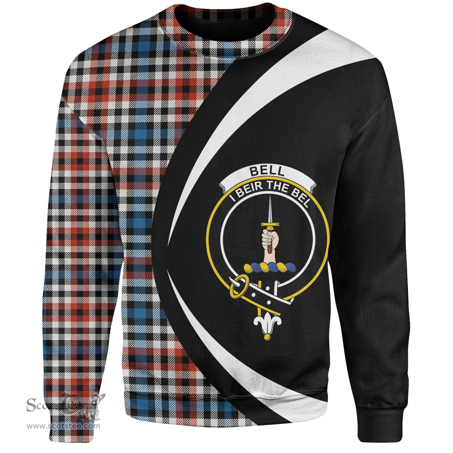 ScotsTee Shop Scottish Bell Border (Bell Southern Bell) Ancient Clan Crest Personalized Tartan Sweatshirt Circle Style Back Shirt with Your Text